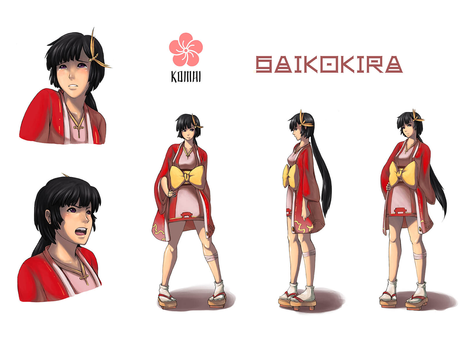 Concept art turnaround of a woman named Komai in various poses wearing short, red Japanese garb and geta footwear.