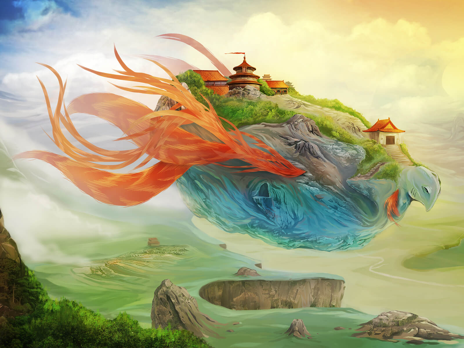 A village stands on the back of a mythical, red-frilled, blue beast drifting above a surreal, cloudy plain.