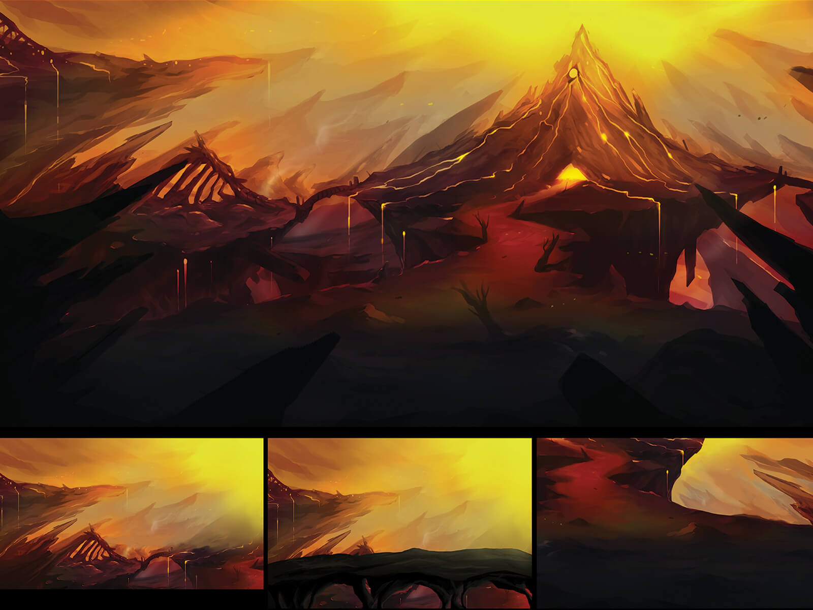 Concept art of landscape in a mountainous area devastated by an active, spewing volcano, the scene's only source of light.