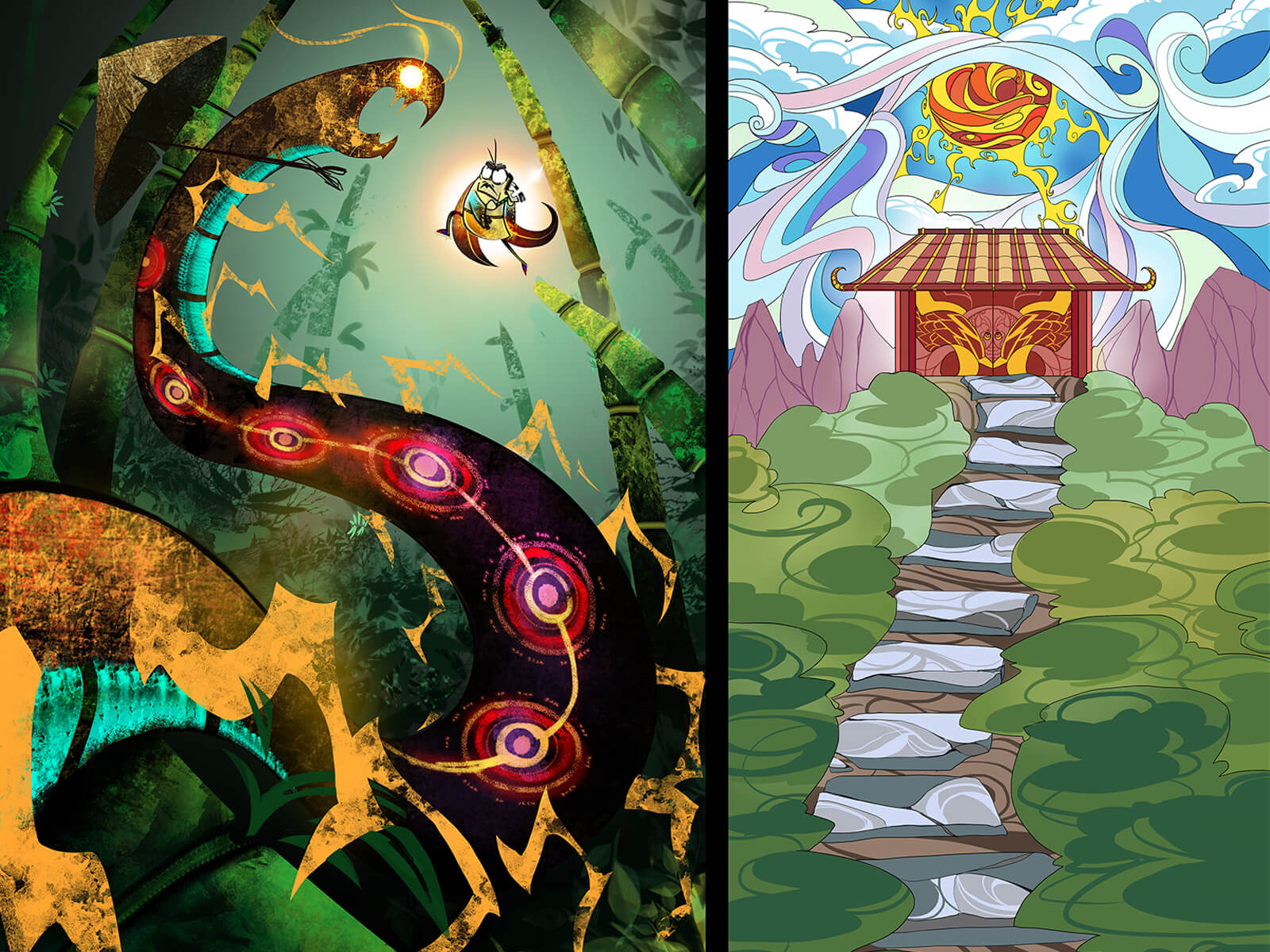 Two scenes in different art styles: a fight between beasts, and an ethereal temple