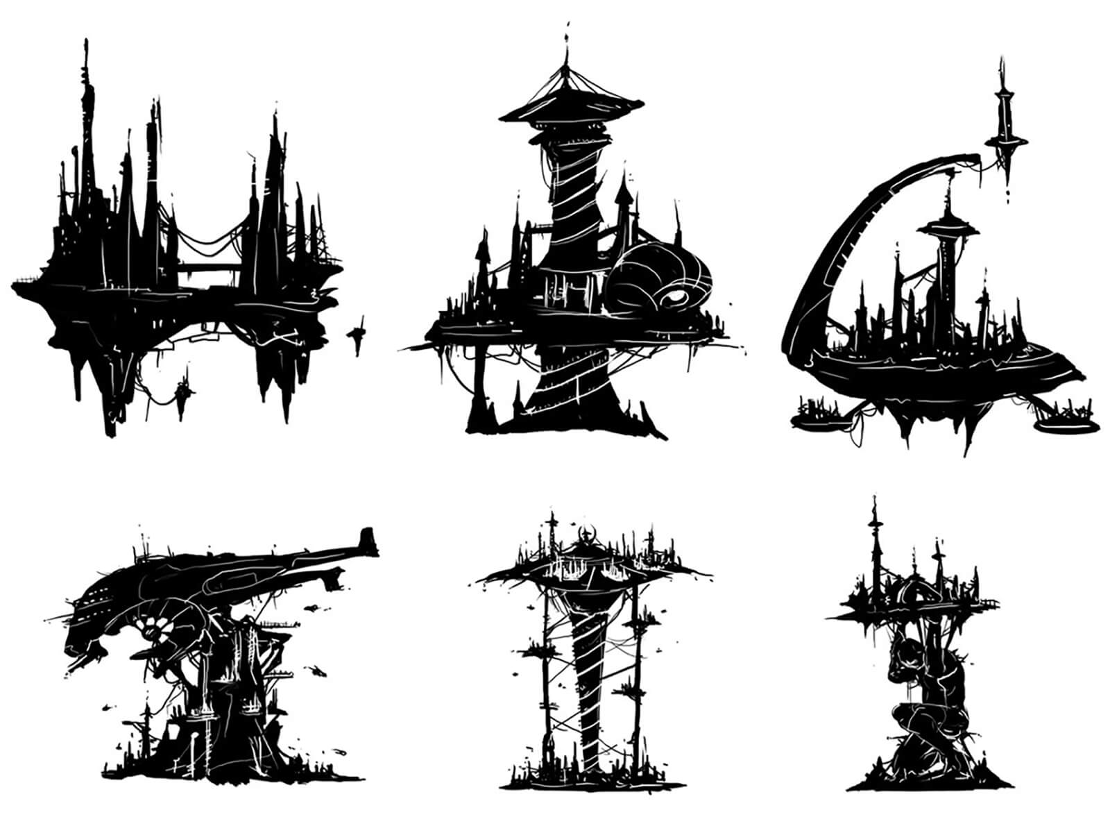 Concept sketches of an alien, city-like aircraft, with varying amounts of spire and tower structures on top of it.