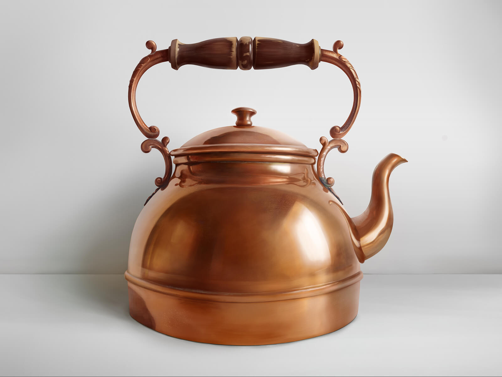 Still life painting of a copper kettle against a white background with an ornate wooden handle above.
