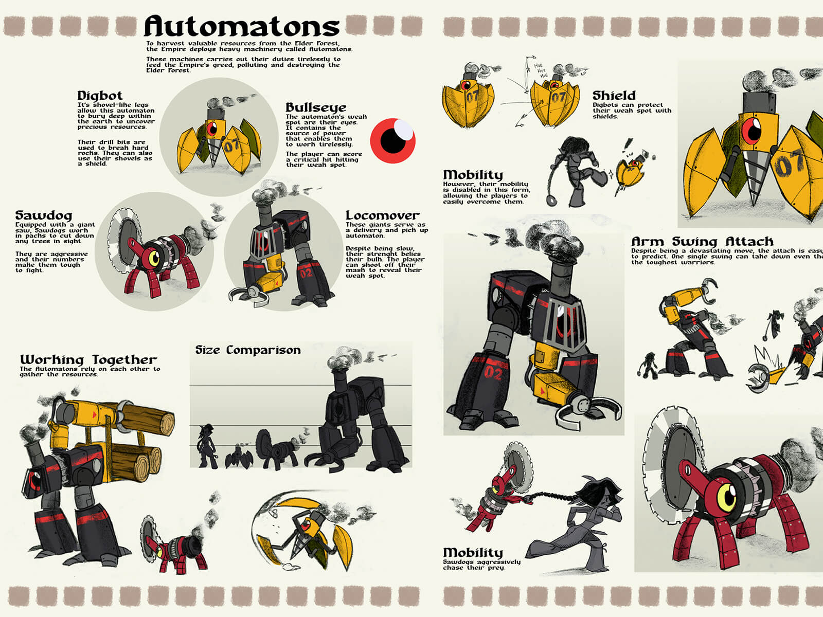 Sketches and details of three robots, resembling a drill, buzz saw, and train in various attack poses.