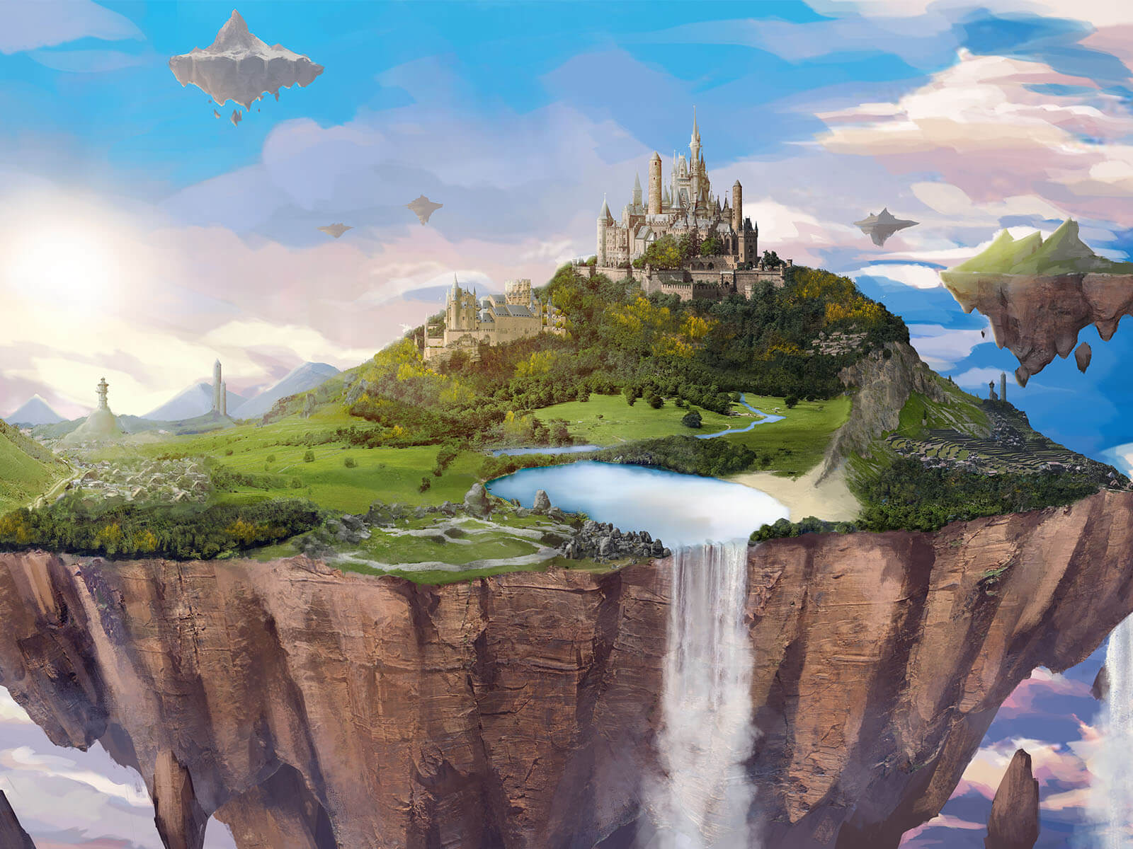 Chunks of a medieval-castle-topped landscape floating high in the sky.