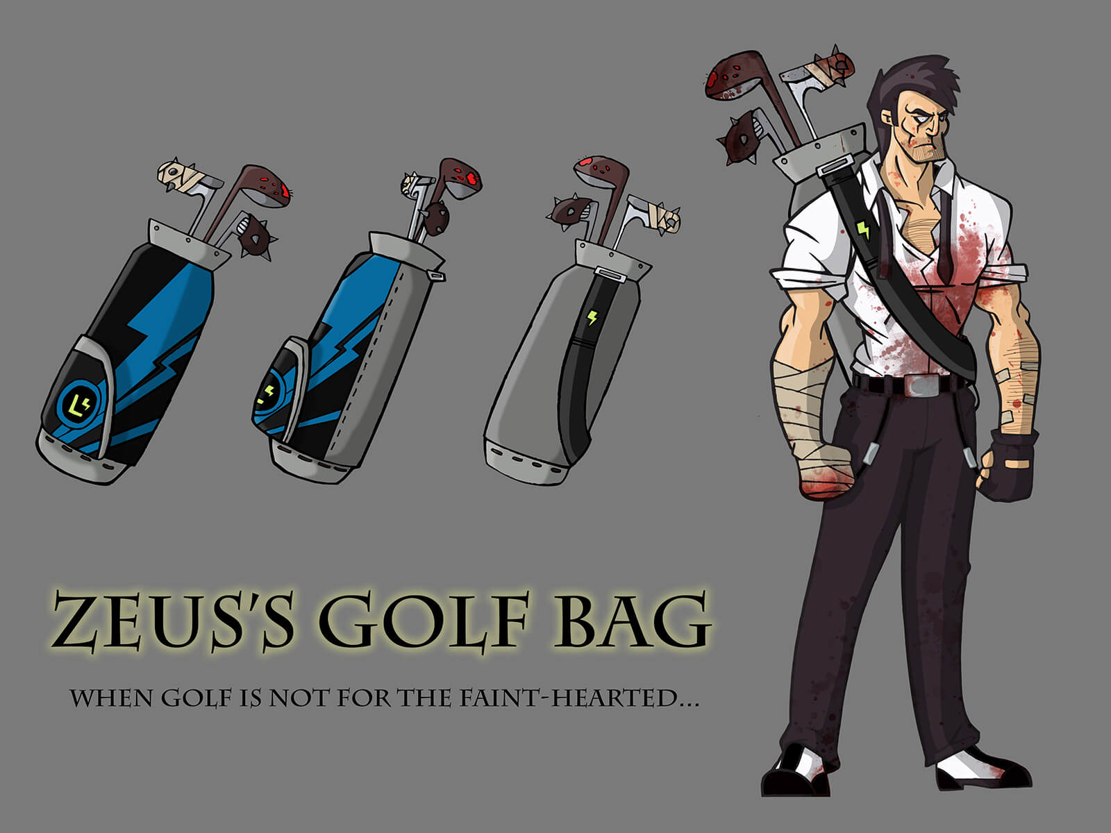 Cartoon sketches of a golf bag of threatening golf clubs, slung over the shoulder of a tall, blood-splattered man.