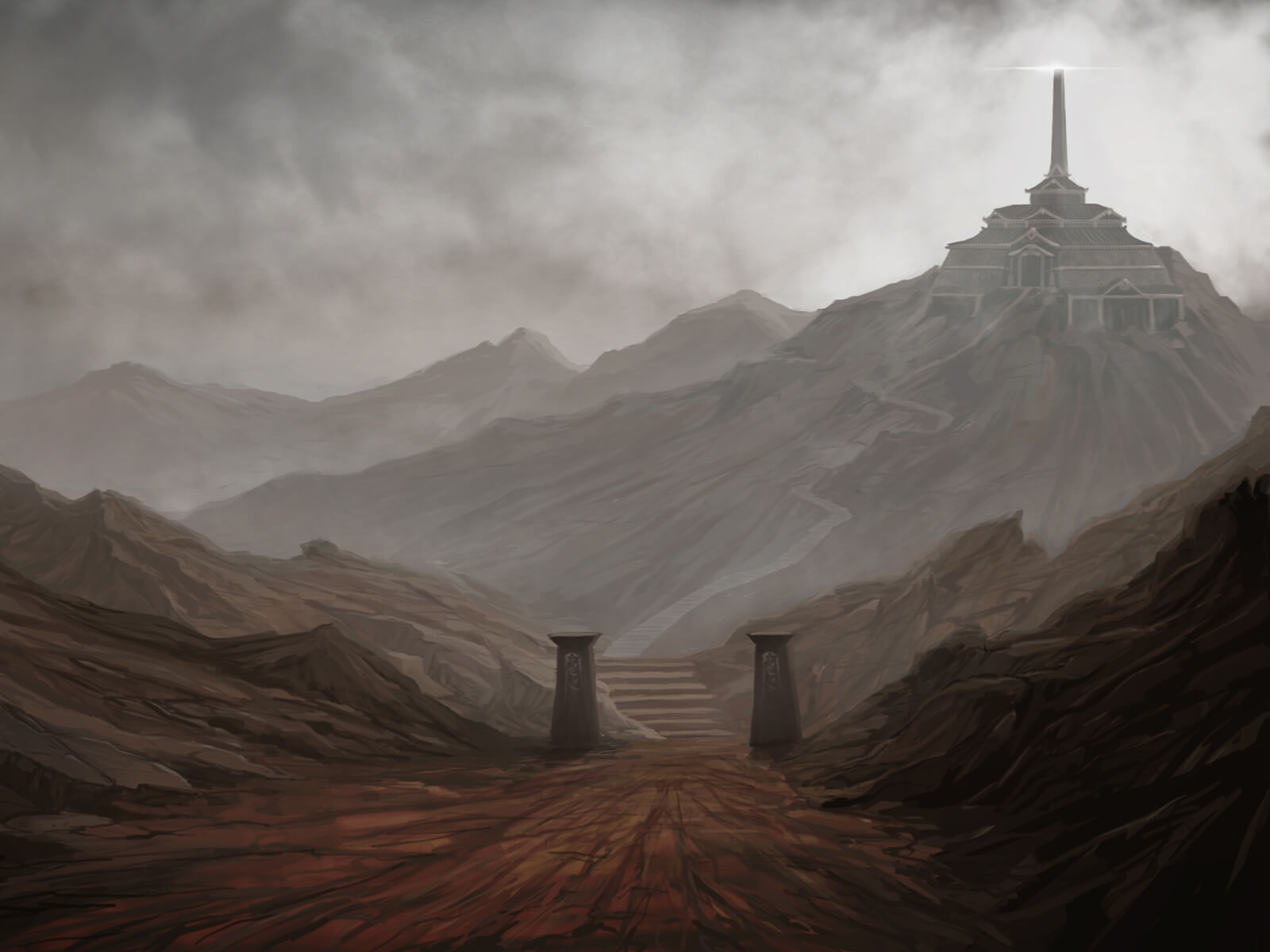 A temple and a single shining spire lie high up a mountainside, overlooking a desolate rocky landscape below.