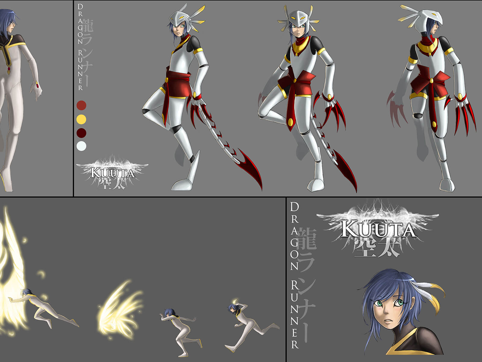 Character and movement sketches of a woman in a white-black-and-red skinsuit as she transforms into a cat-like hero.