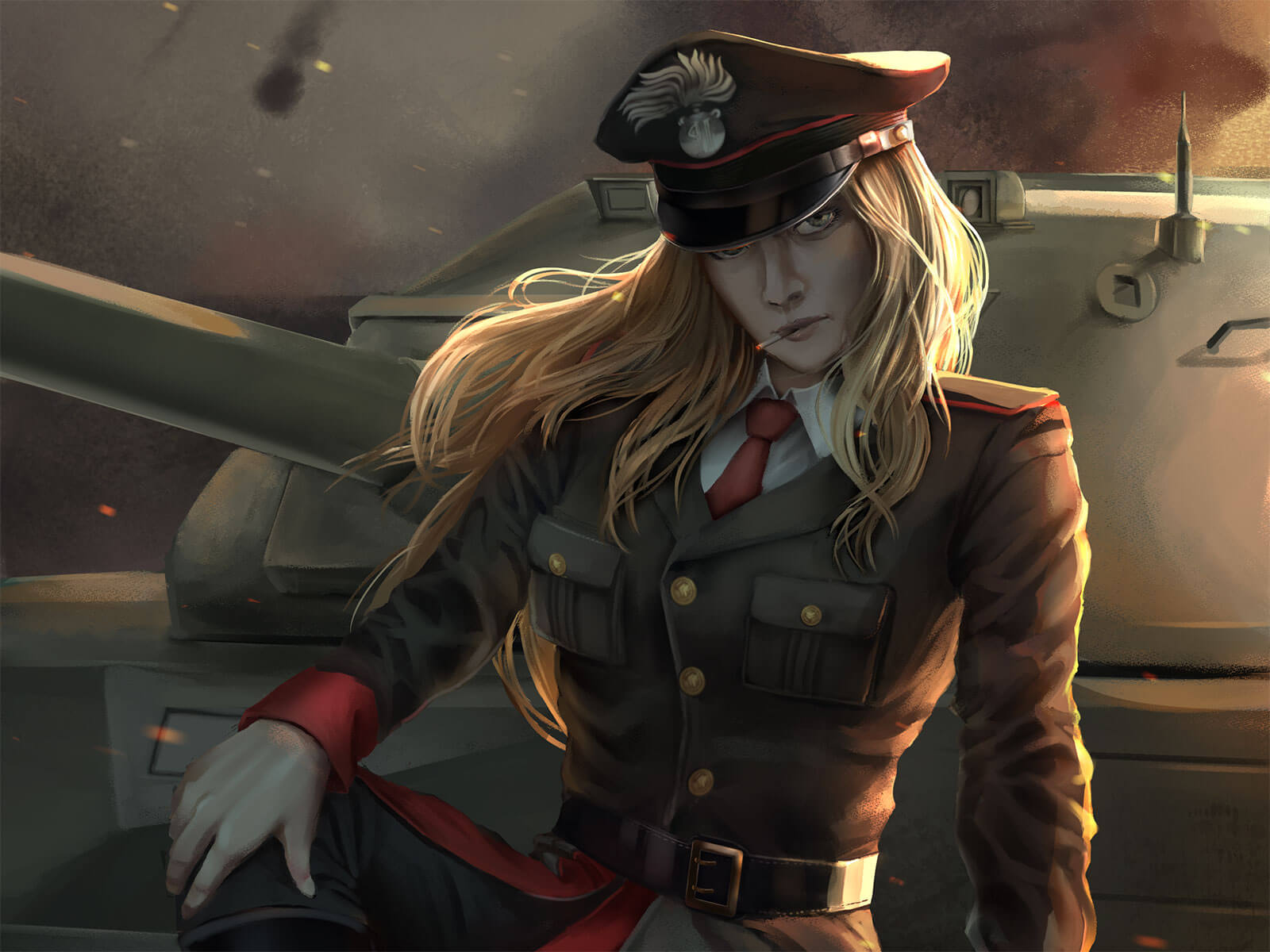 A serious woman wears a black and red military uniform while sitting on a tank