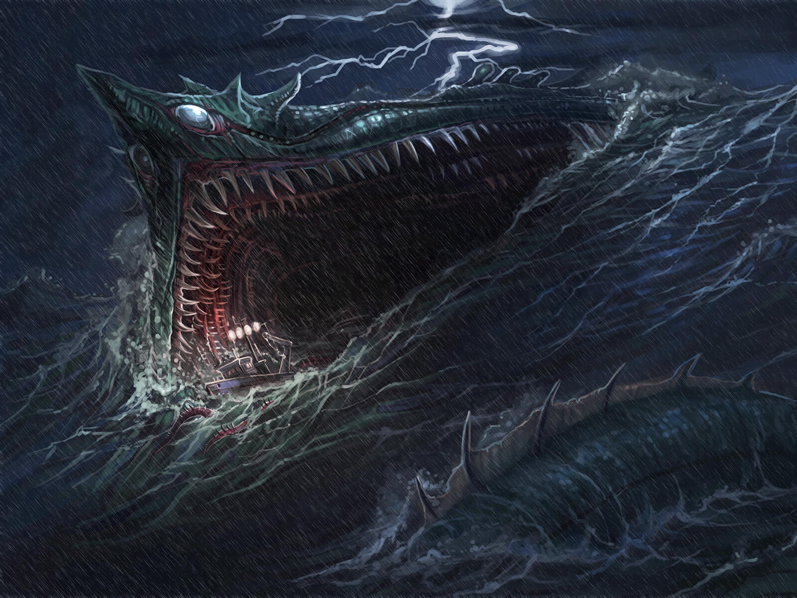 The teeth-filled maw of a massive sea serpent opens over tumultuous seas as a fishing boat is sucked down its dark recesses.
