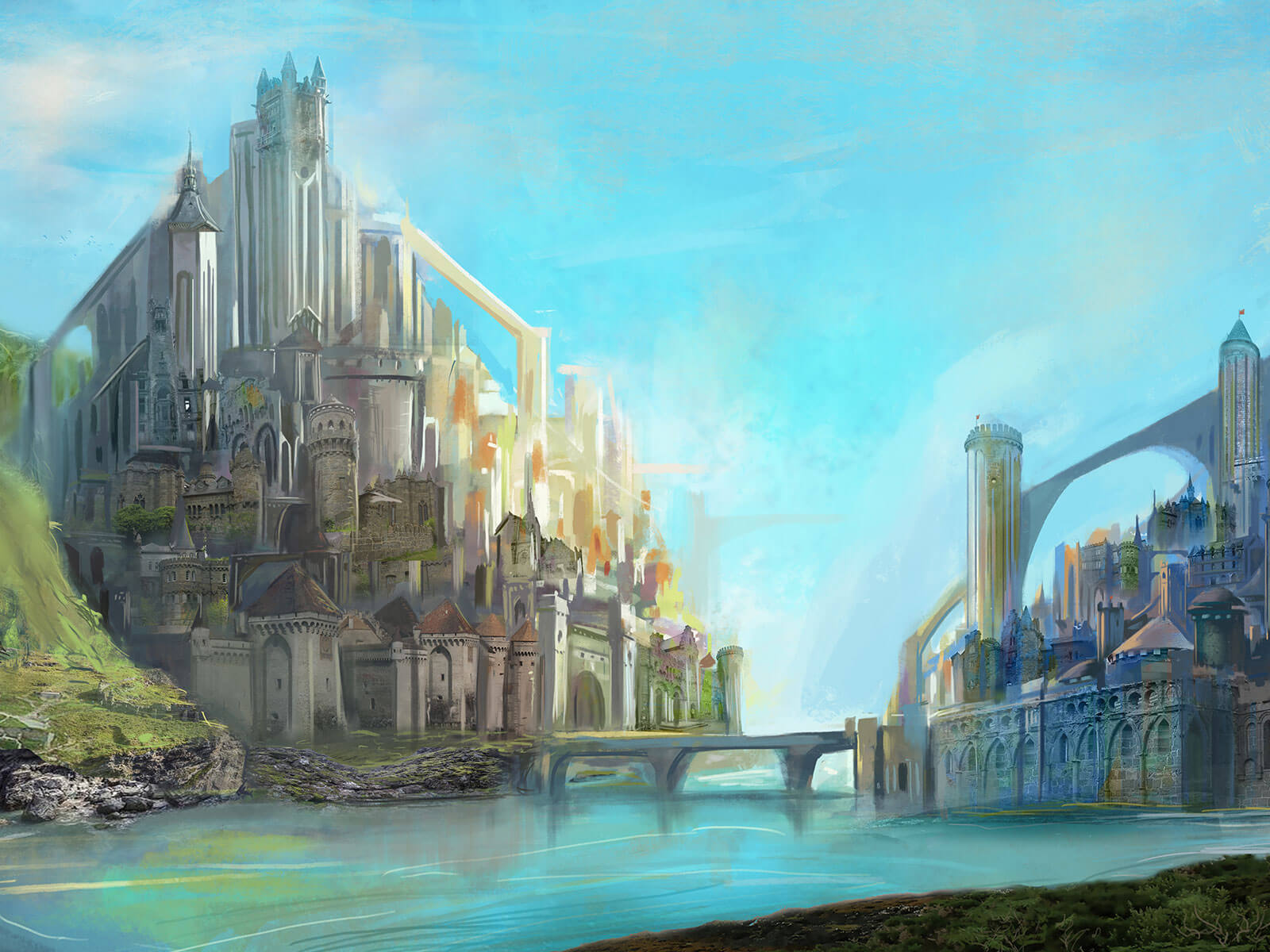 Two high-fantasy-style cities are connected by a single bridge across the river separating them.
