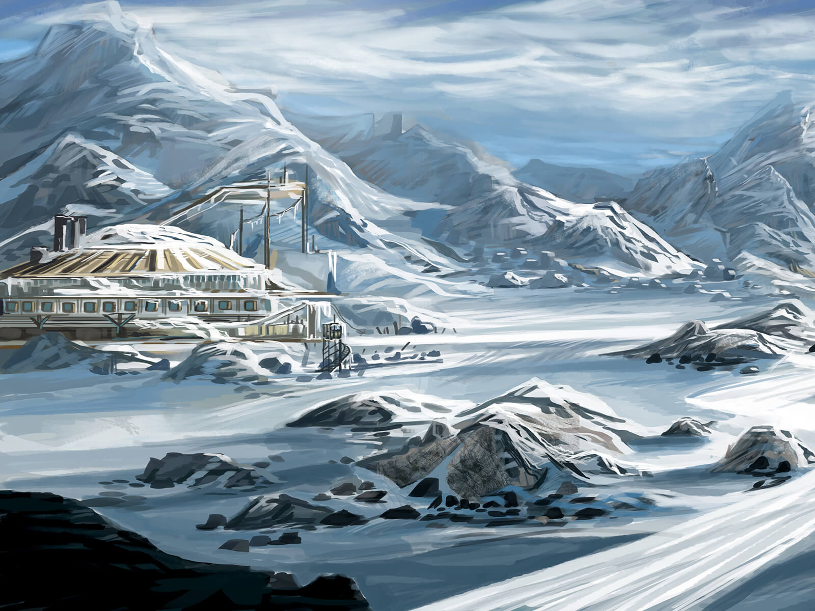 A remote research station and campsite at the base of an icy mountain range, seemingly devoid of activity.