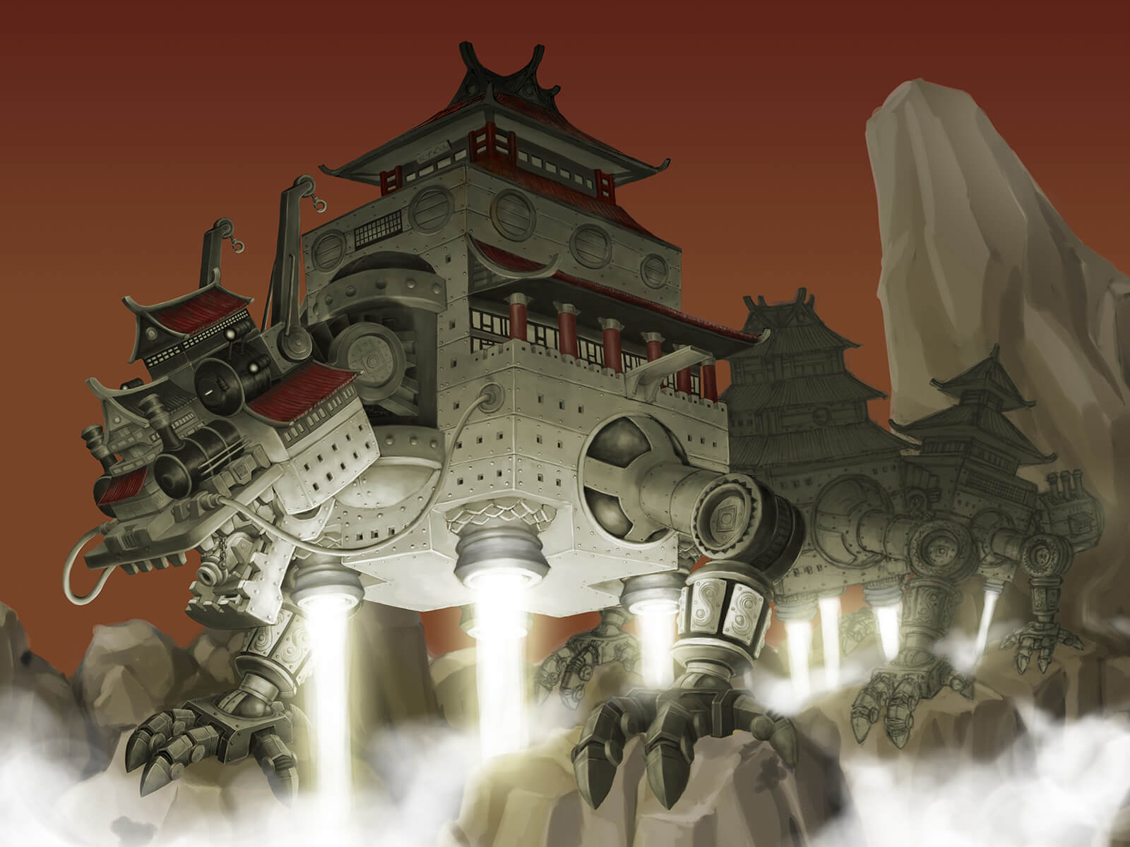 A massive steampunk-style metal dragon made up of interconnected pagoda-style fortresses crawls across a mountain range.