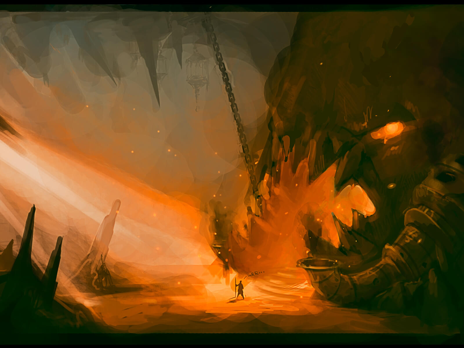 A massive underground cavern is lit from a steep stairway and the fire of a menacing, toothy maw-shaped cave entrance.