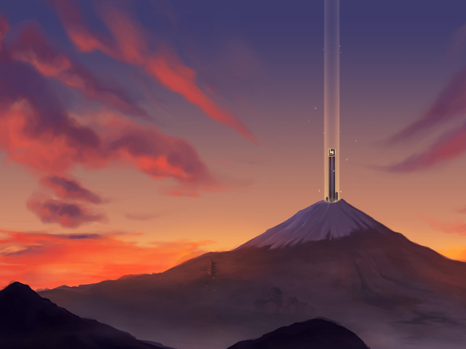 Mount Fuji from a distance during a fiery-red sunset. At its peak, a tall black spire shoots a beacon of light into the air.