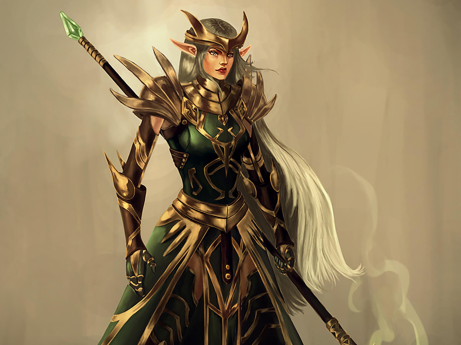 An elvish warrior stands in ornate green and gold armor holding a long staff topped by an emerald gem wafting magical vapors.