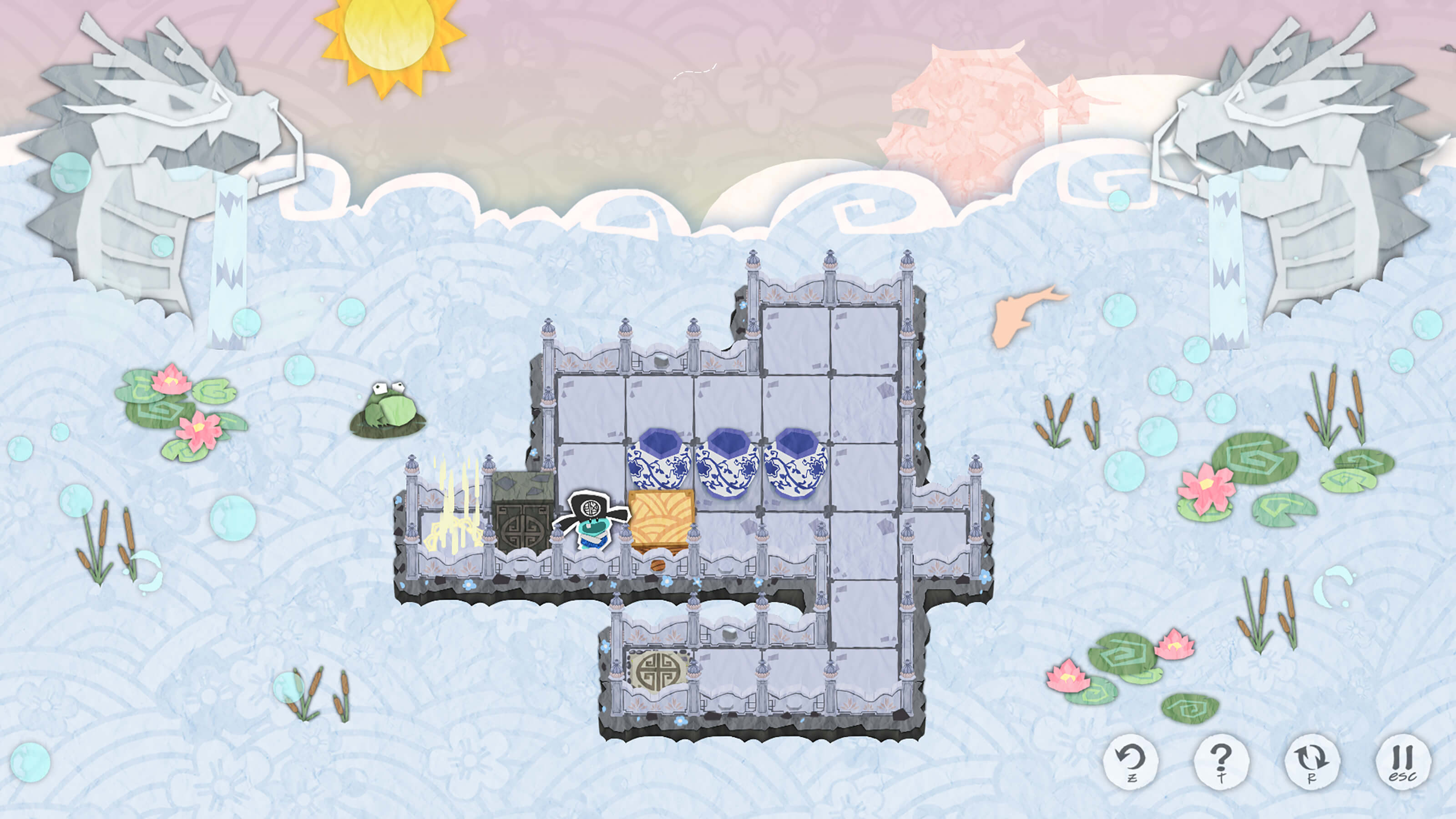 In colorful papercraft-style game art with a watery background, a small blue character stands on a gray puzzle grid platform.