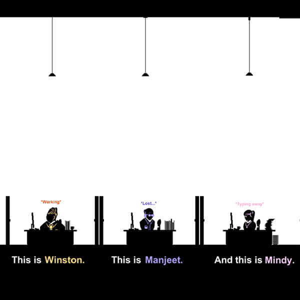 Three flat, 2D characters in silhouette sit at their desks in an office against a stark, white background.