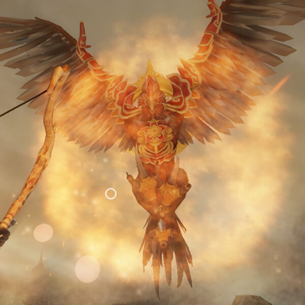 A close-up image of a large, red bird hovering above the player's character. The bird is surrounded by flames.