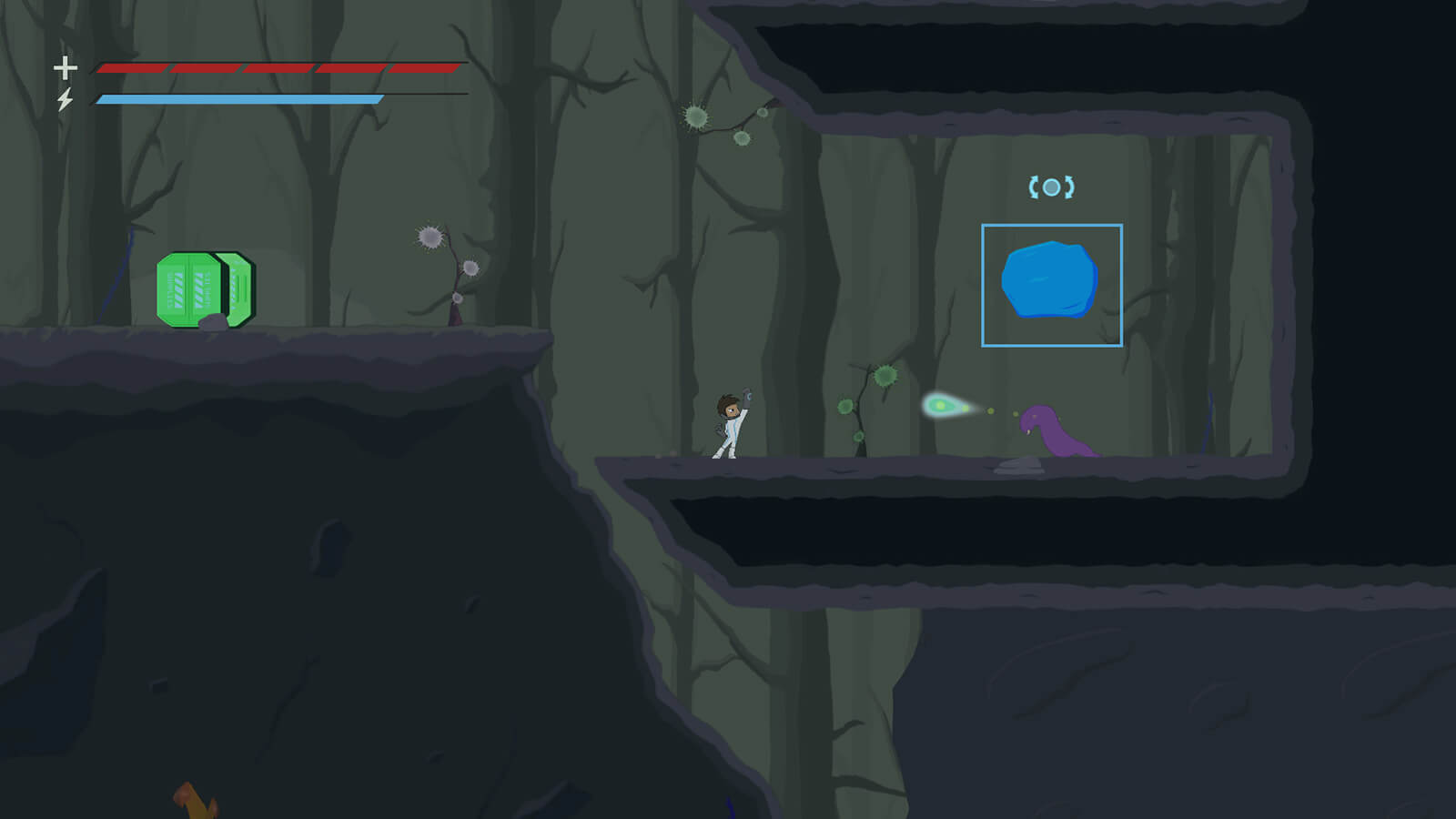 A futuristic 2D character levitates a boulder above the head of a purple slug alien in a rocky, dimly lit world.