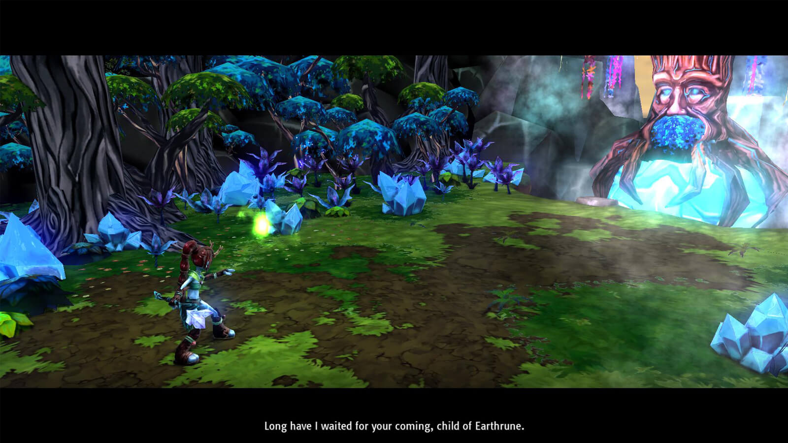 The player's character stands in a wooded clearing before a tree with a face carved into it