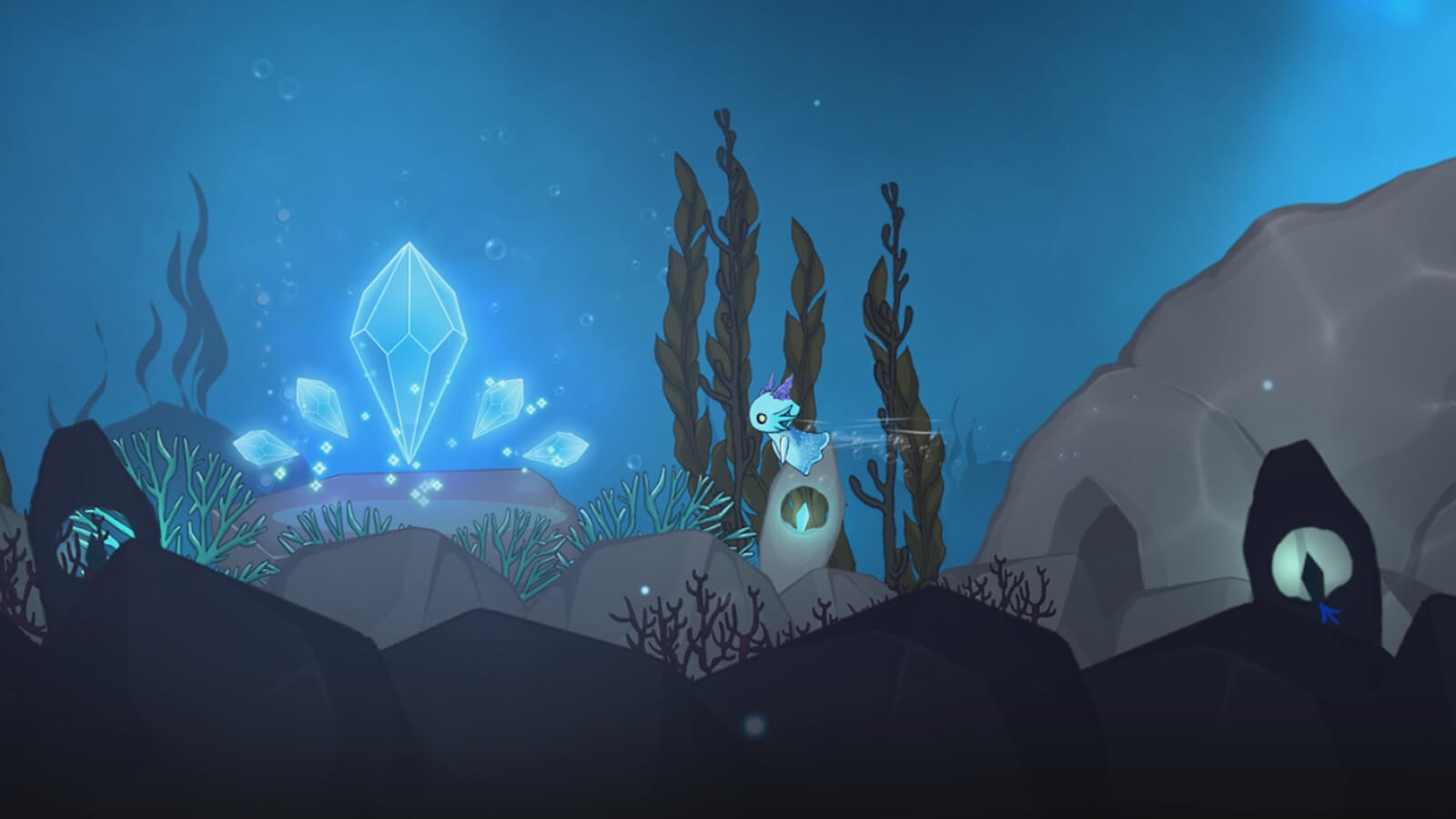 A neon-blue sea creature with purple horns swims toward floating blue gems near the entrance of an underwater cavern.