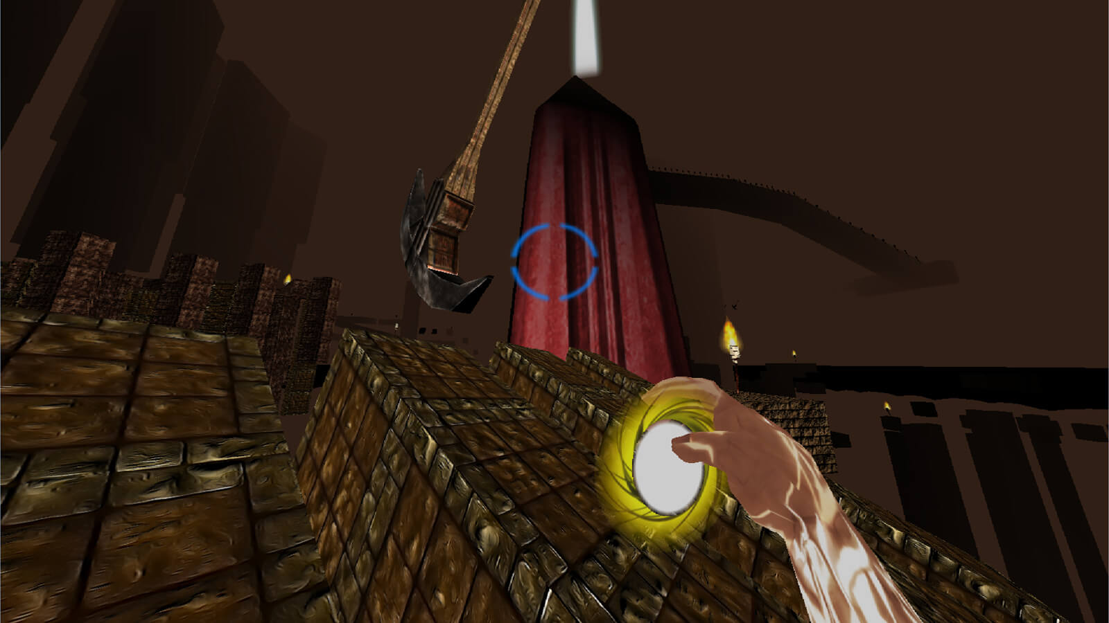 First-person view of the player on a sloped, stone terrain holding a yellow ball of light. A giant pendulum is seen ahead.