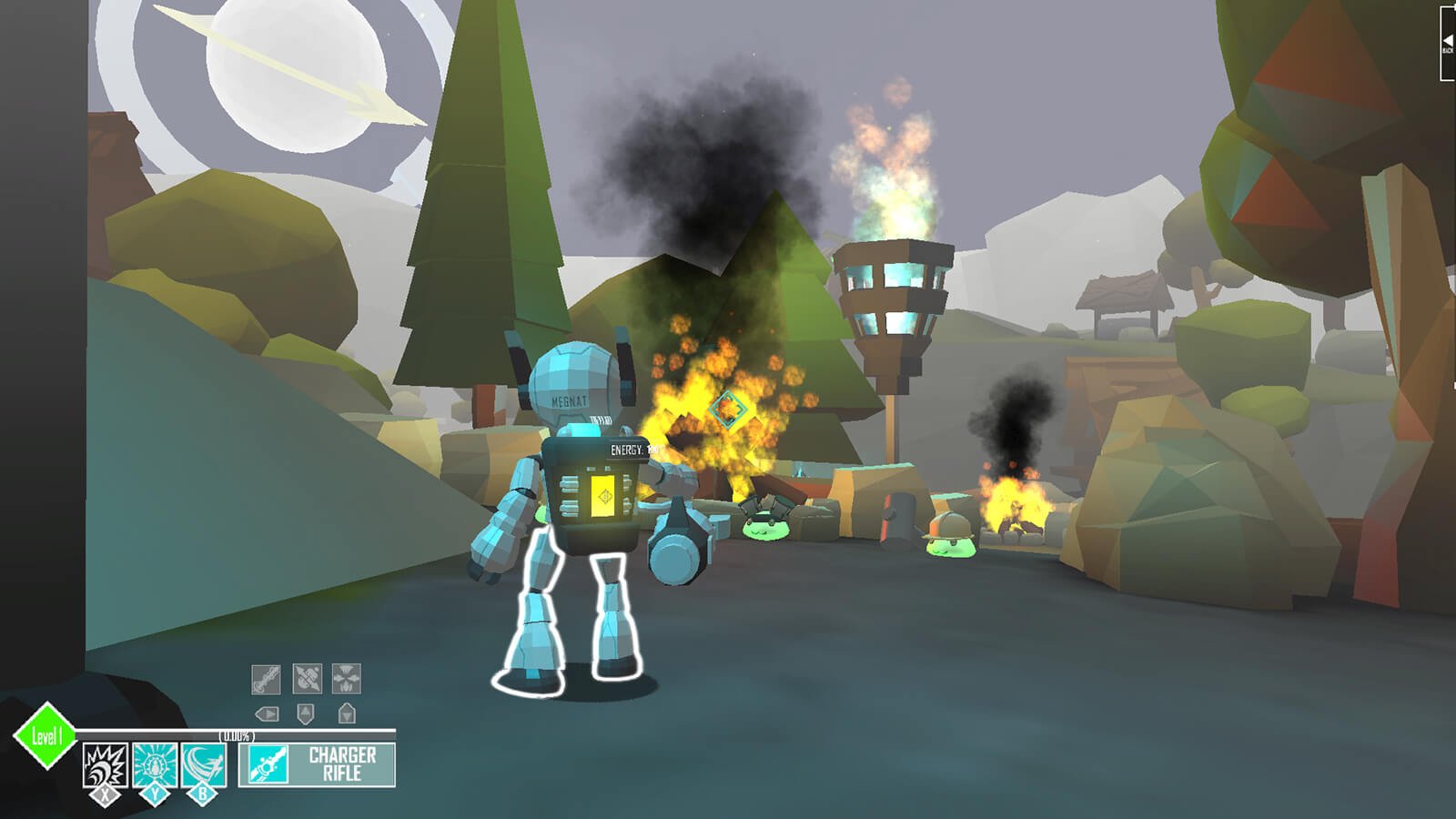 A robot seen from behind confronting short green blobs of slime in a forested area with smoke and flames appearing ahead.