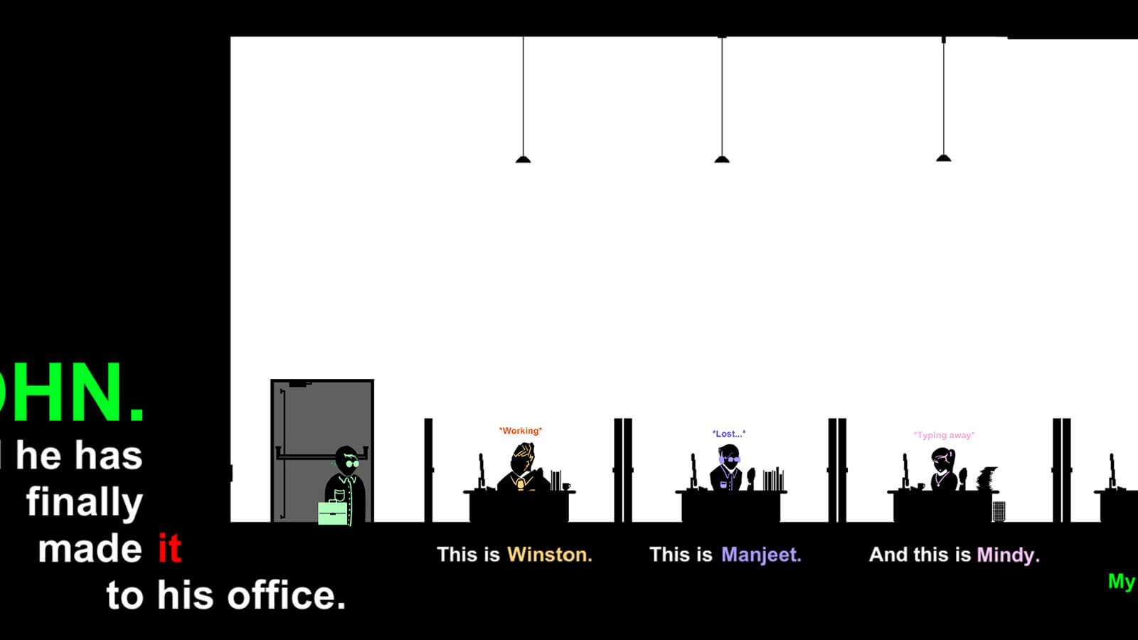 A flat, 2D character in silhouette holding a briefcase stands in an office with other silhouettes sitting at their desk.