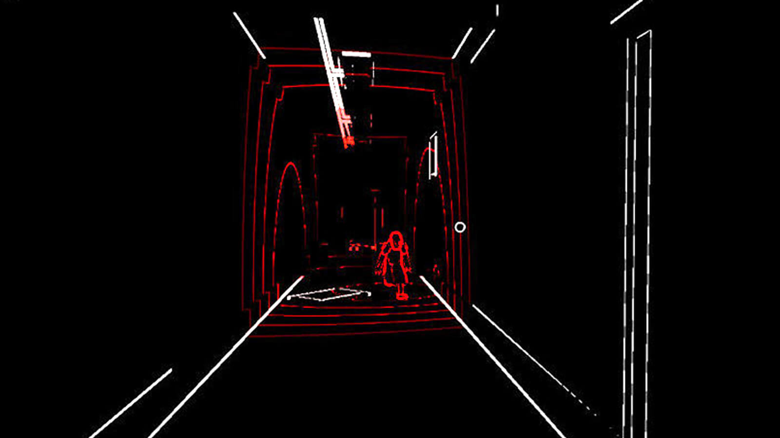 Seen in only black, red, and white relief, a crouching figure stalks the player