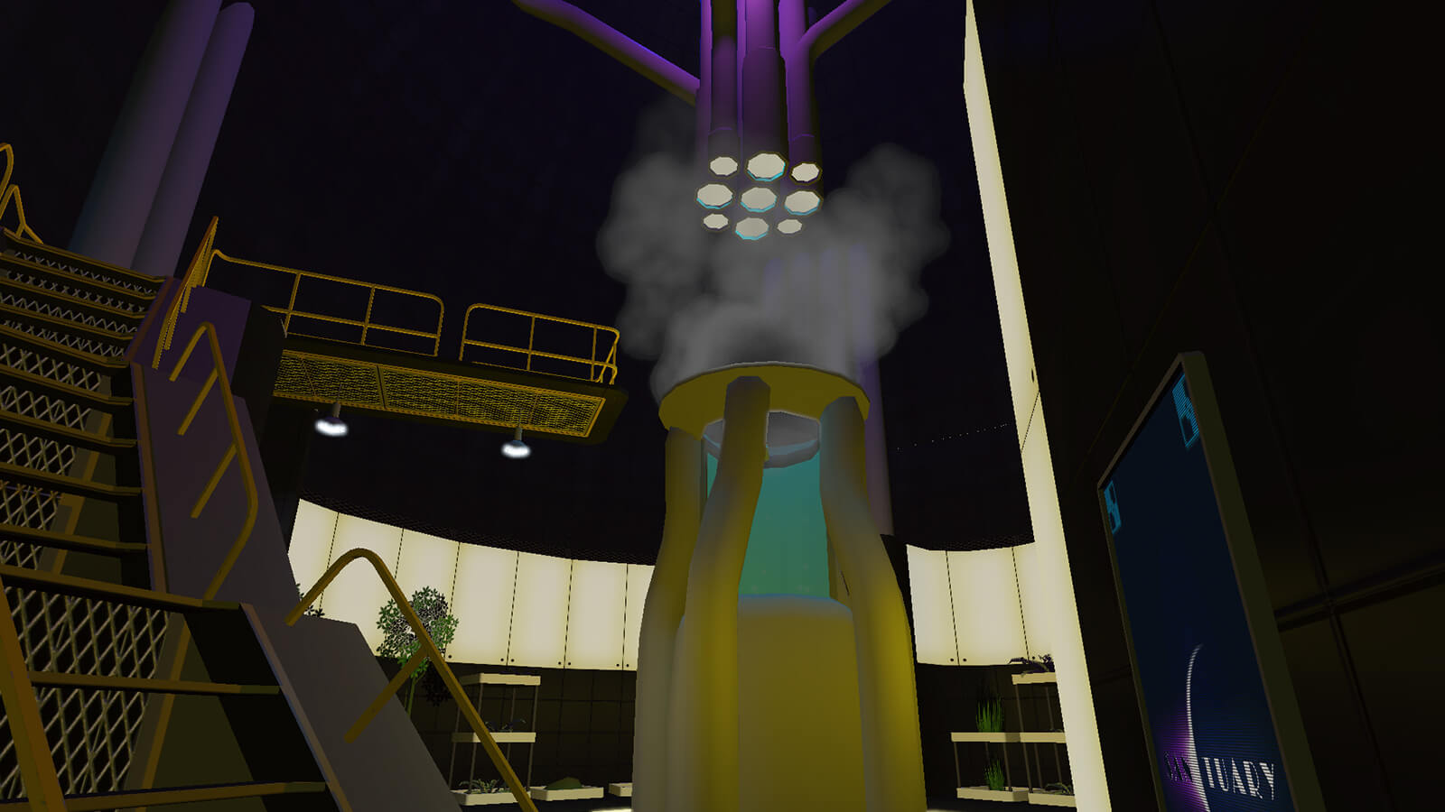 Industrial stairs lead up to a steaming, yellow-and-purple mechanism dominating the center of a cylindrical room.