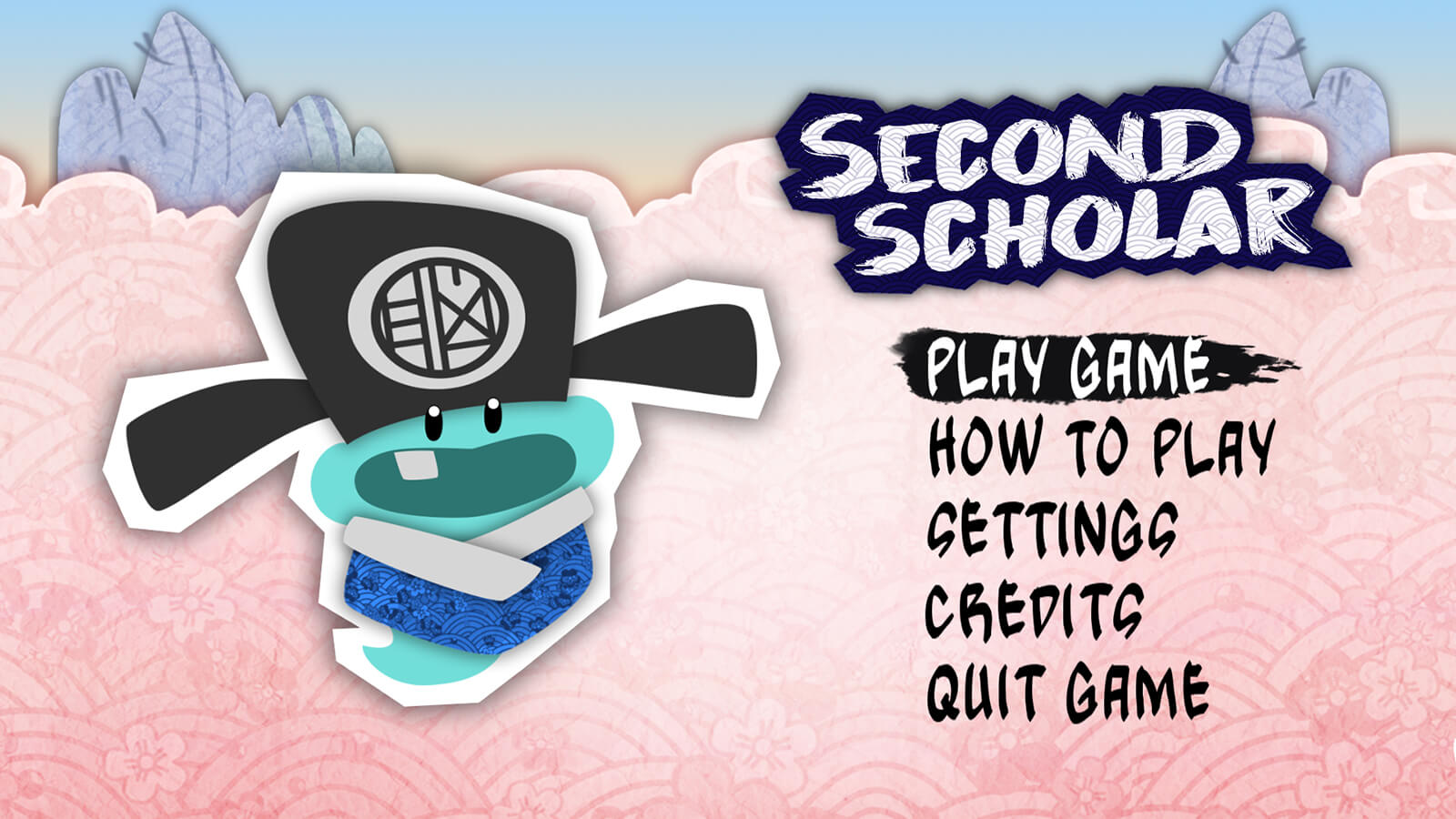 A small blue character wearing traditional "spread-horn" hat seen next on the title screen for the game "Second Scholar."