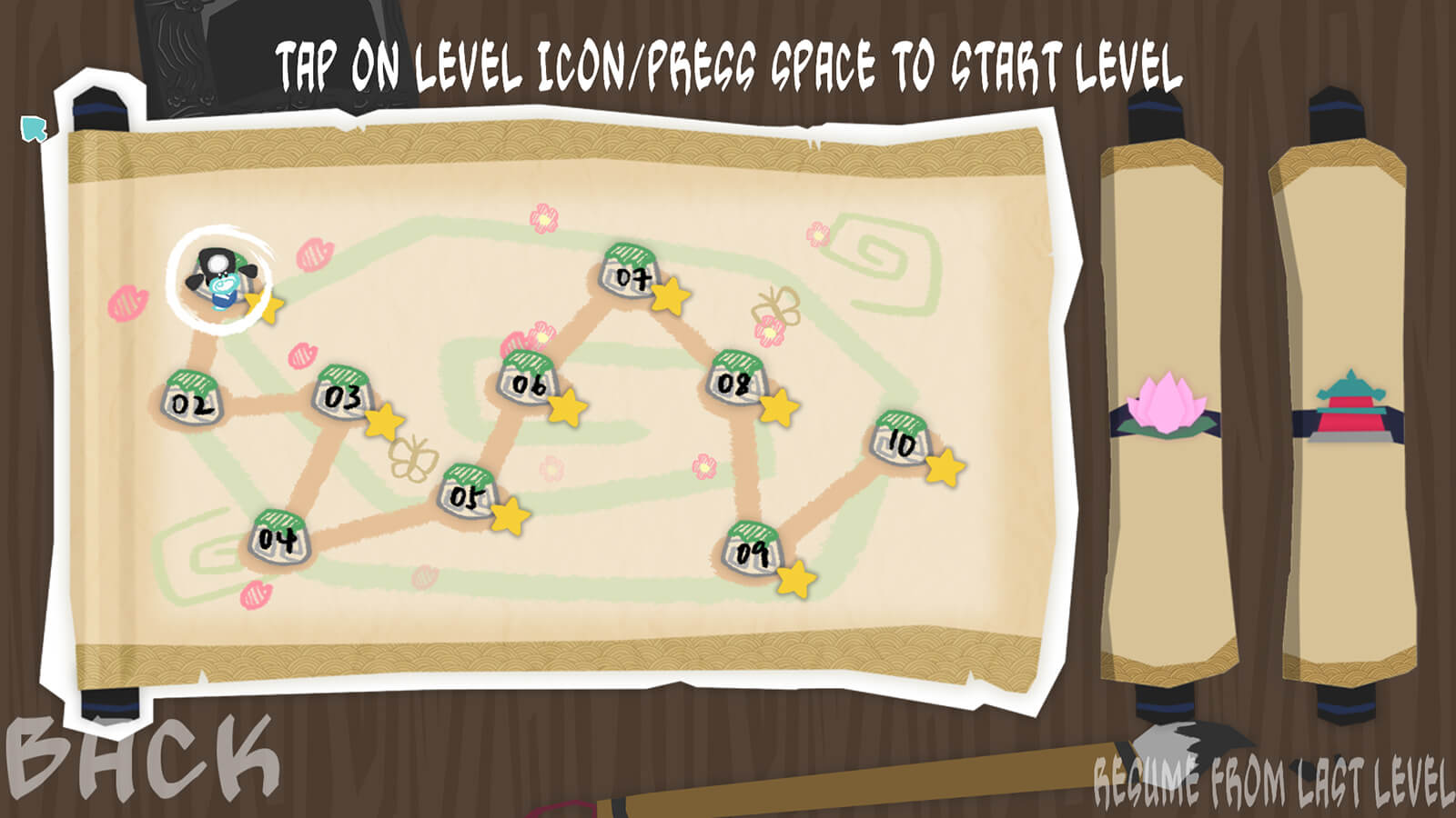 A level-select screen in which a small blue character is seen on a hand-drawn-style papercraft map on an unfurled scroll.