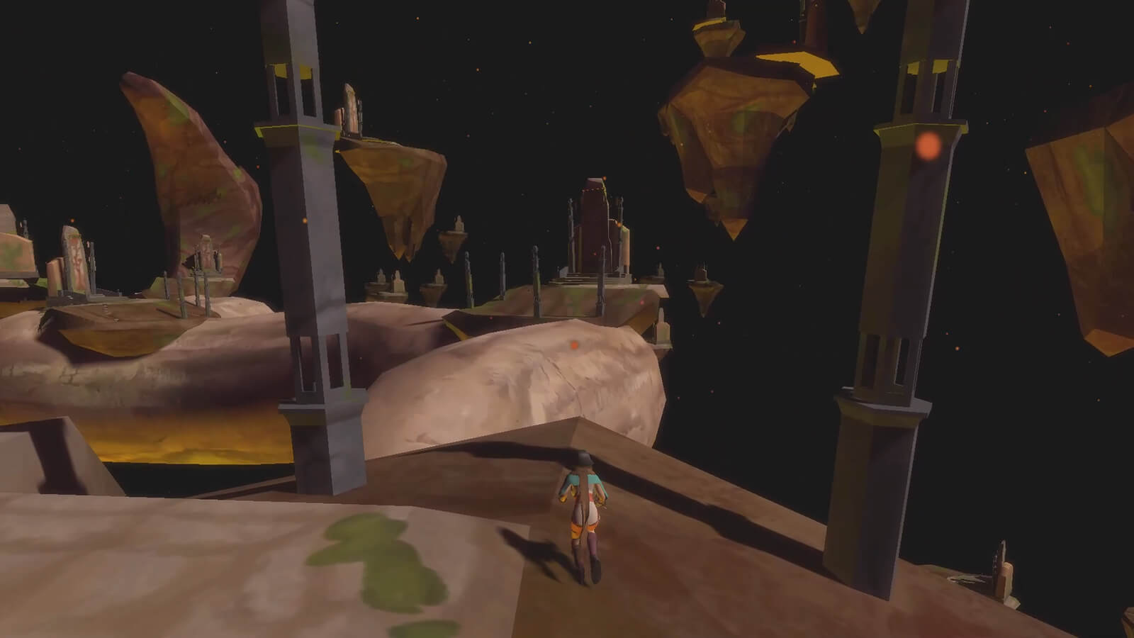 A character stands between two pillars on barren boulder floating in space, looking at similar boulders in the distance.
