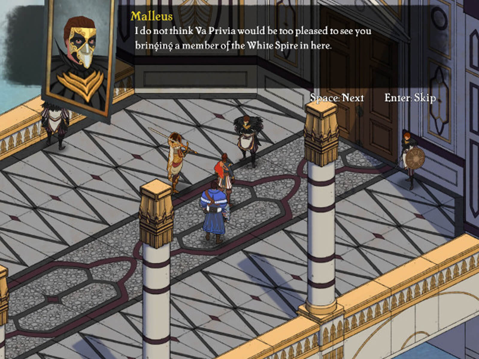 Screenshot of Masquerada in isometric view, with a headshot of a character and his speech bar across the top of the screen