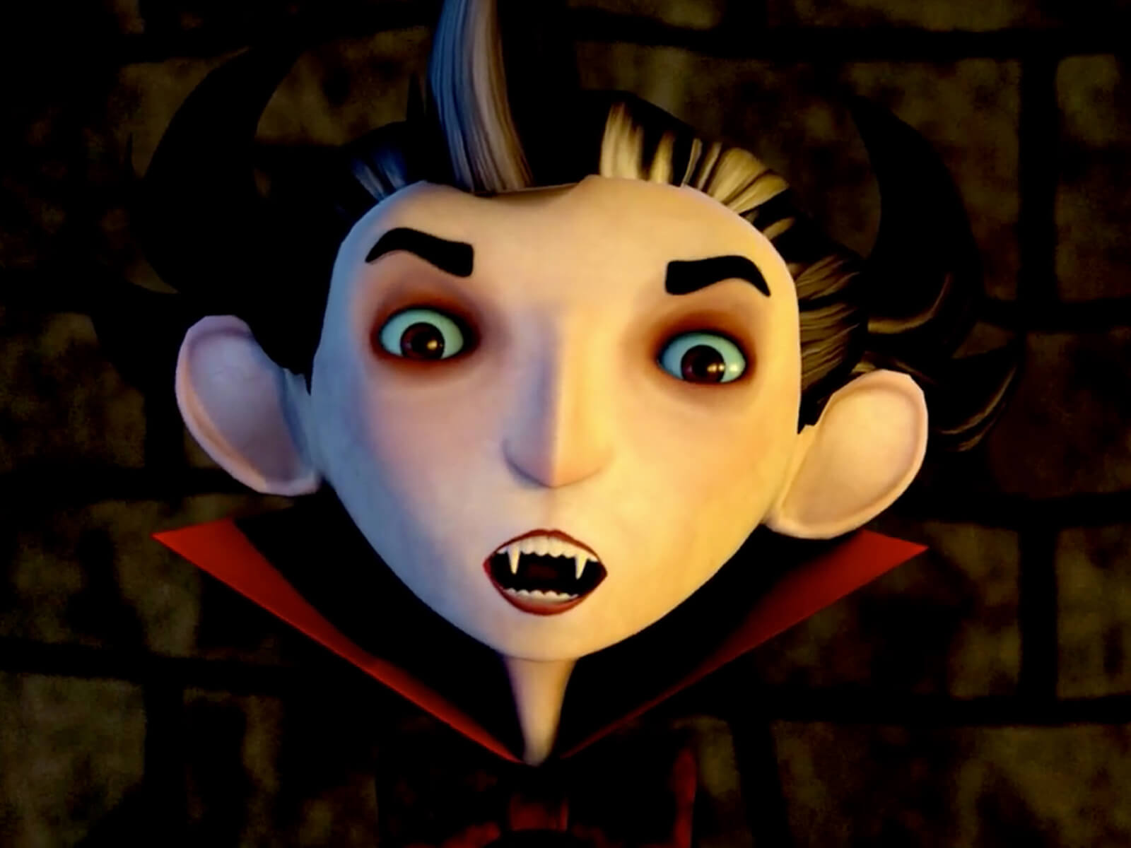 Close-up shot of a 3D animated vampire with a pale face, fangs, and red collar