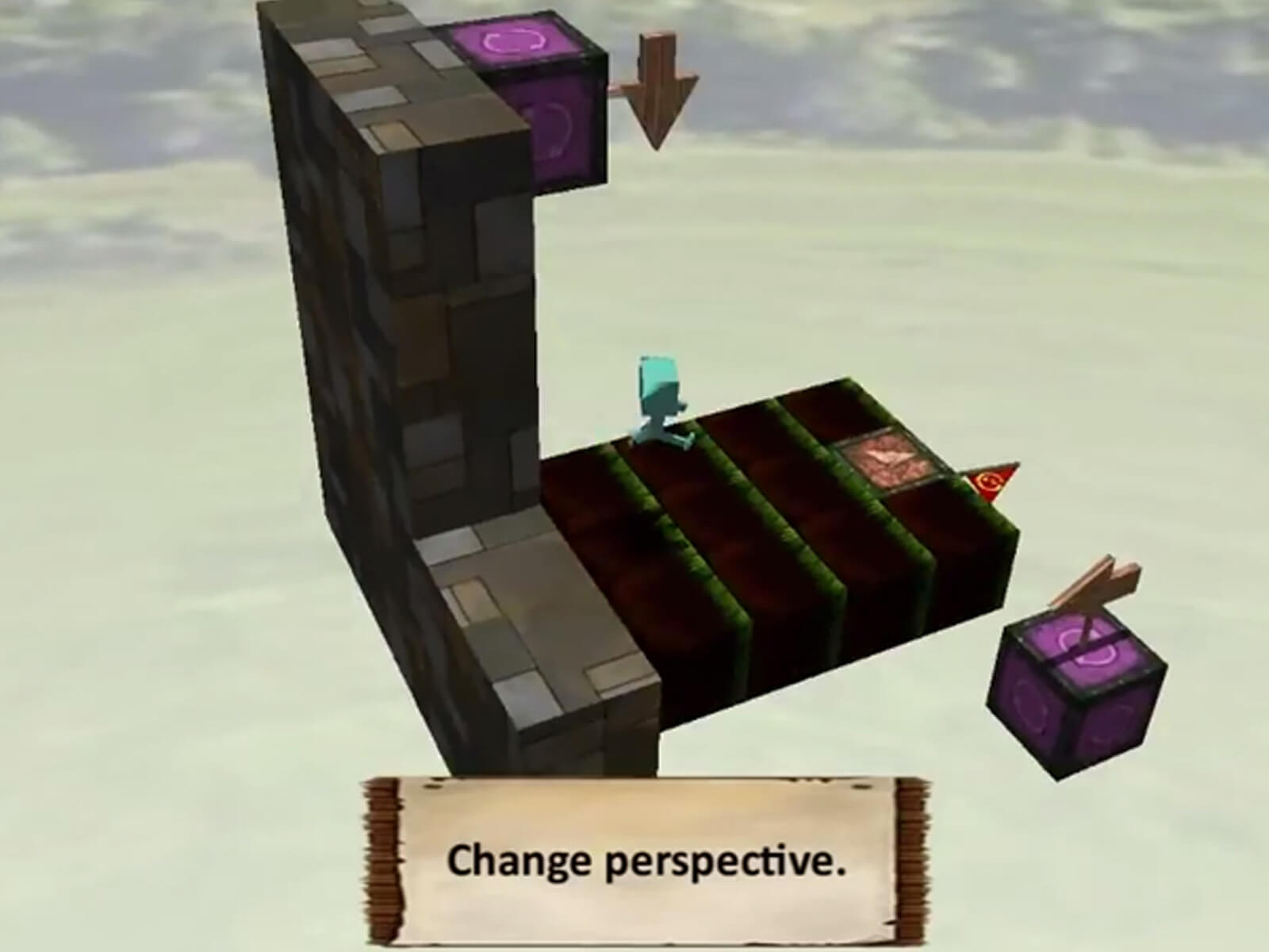 Screenshot from Blockhead game, a green character with a cube head runs on a platform floating in the sky
