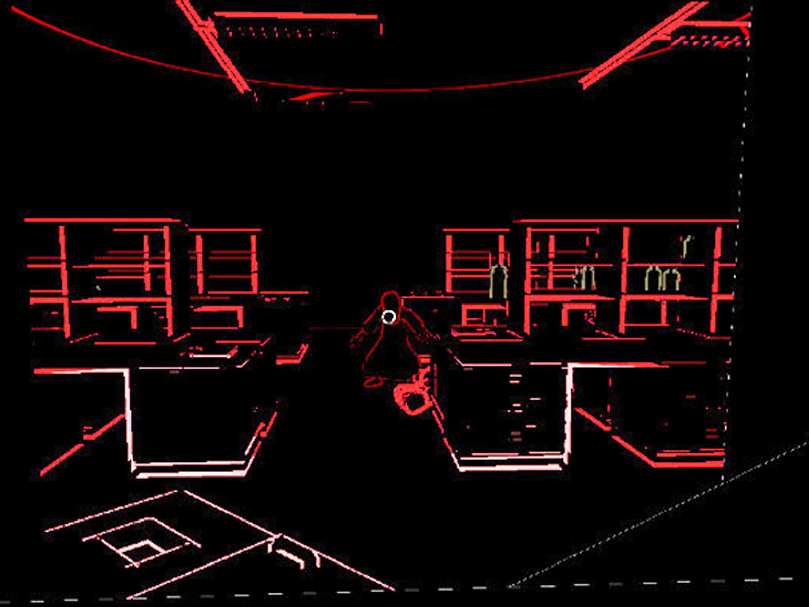 Black and red-outlined screenshot of game Lurking. A crouched figure stares toward the viewer surrounded by lab equipment