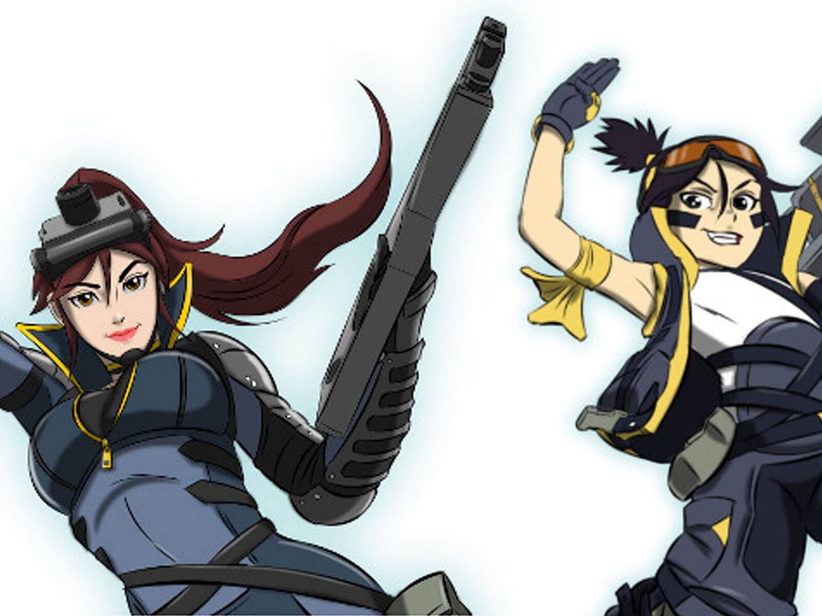 Two anime-style women are posed armed with guns and other weaponry