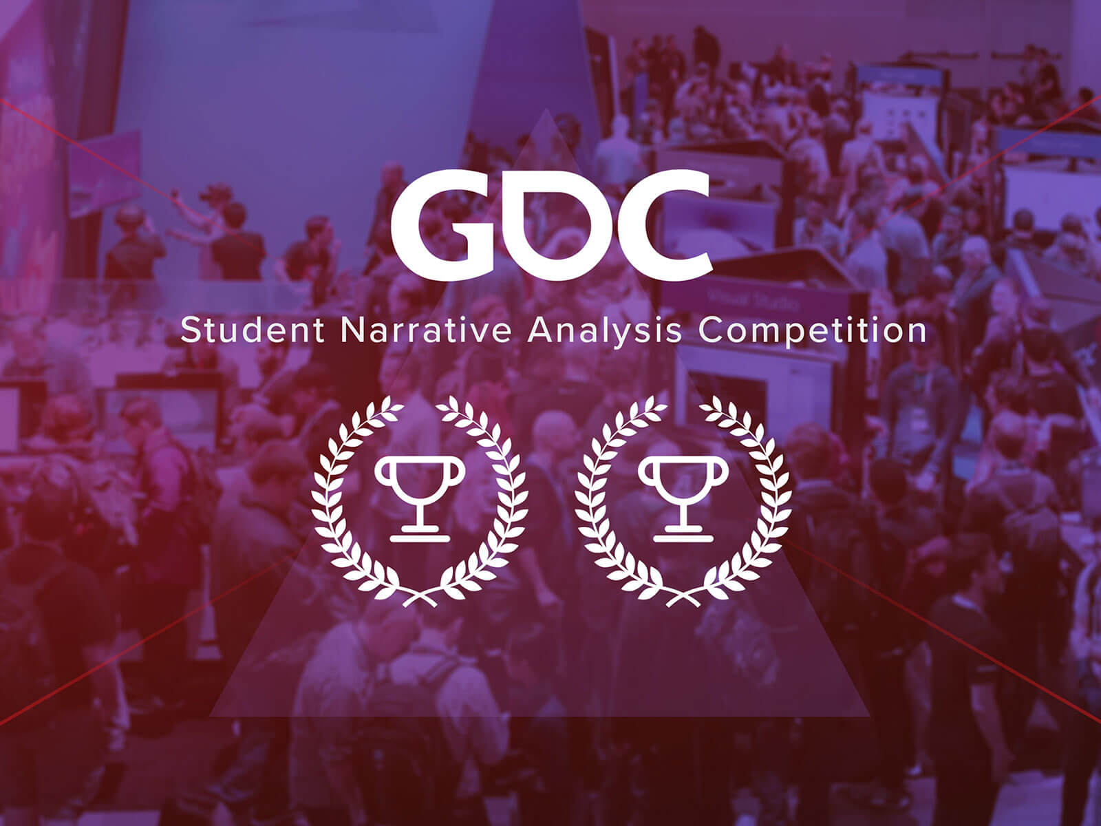 Two award graphics imposed on a purple background with the GDC logo in white above it