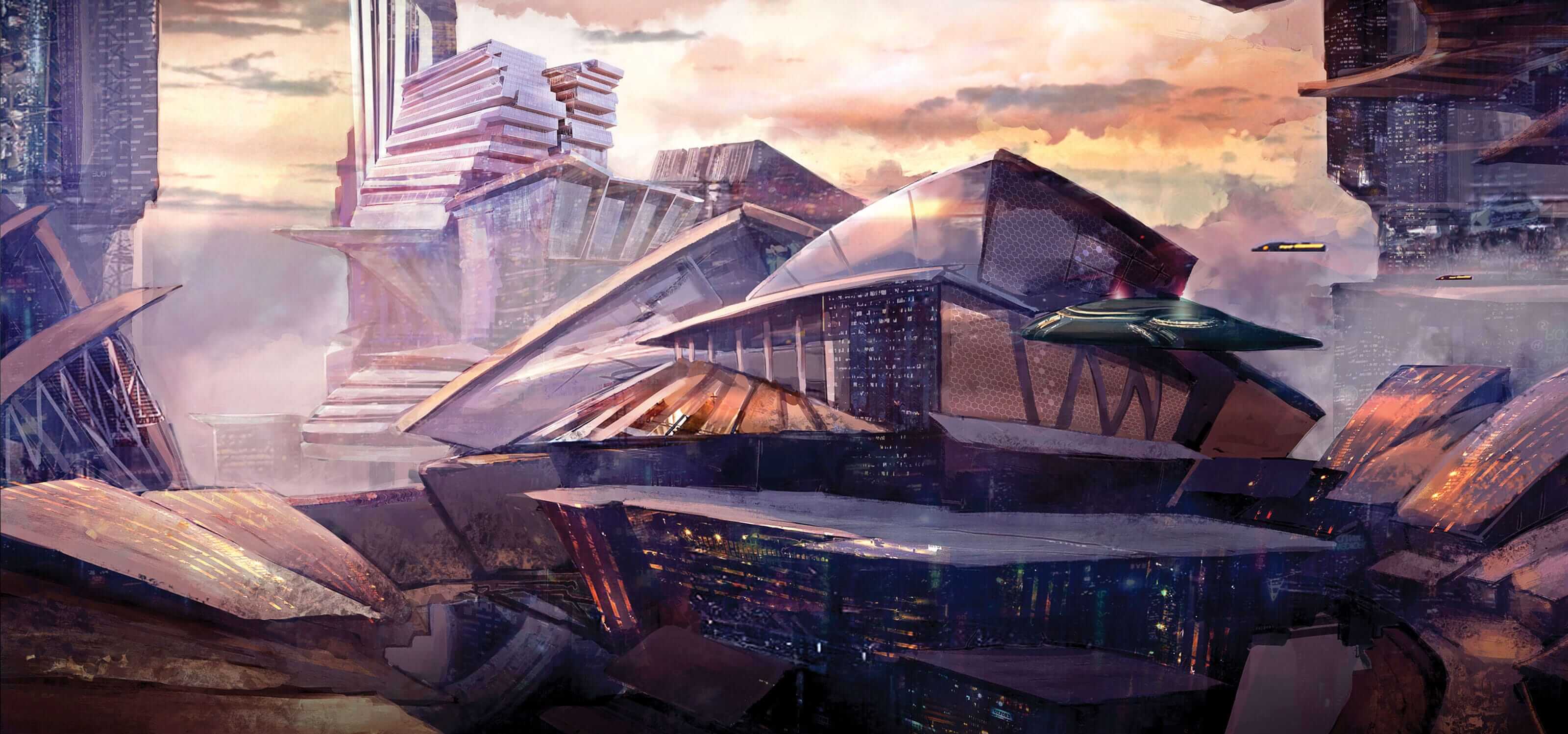 Digital painting of a futuristic cityscape with spaceships flying past a large building