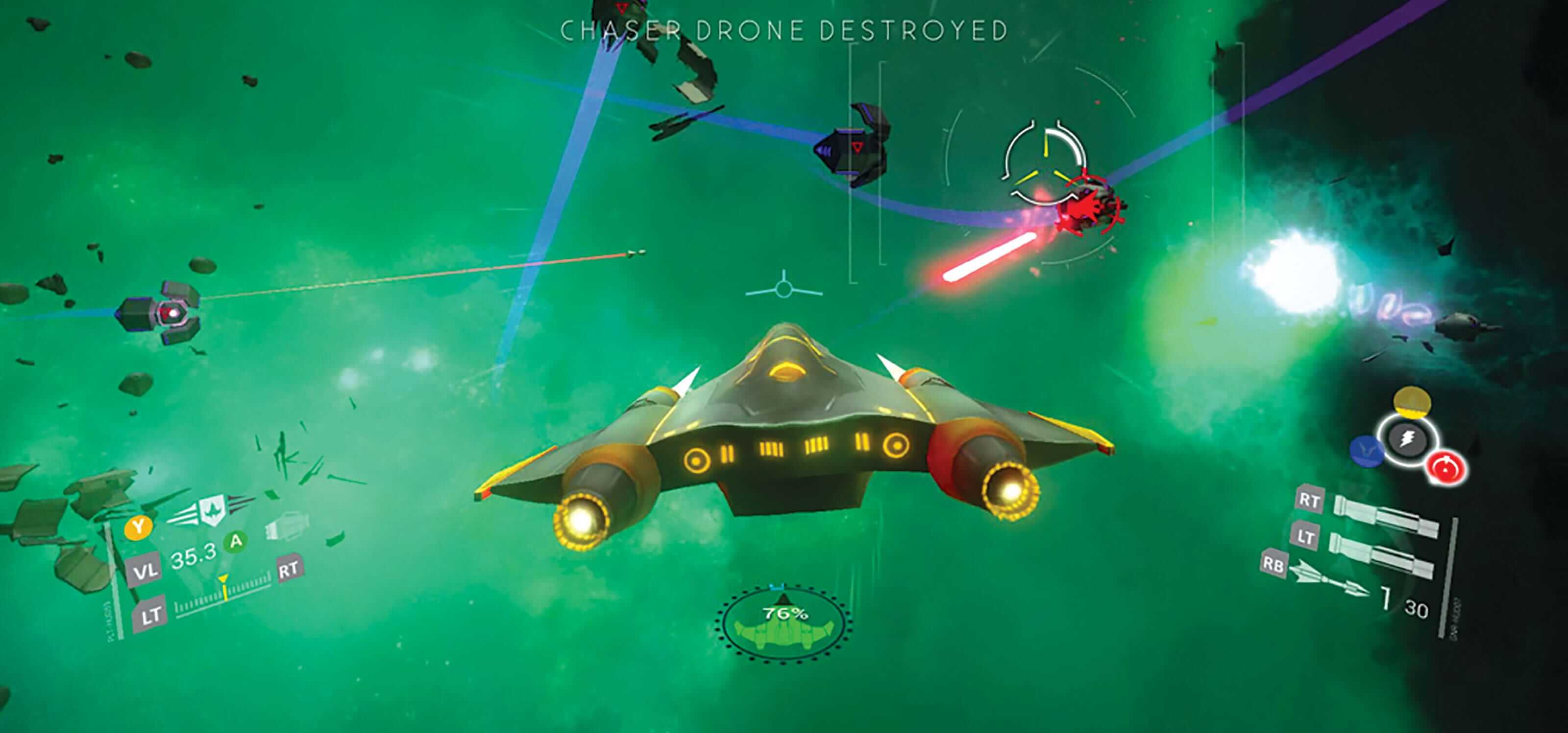 The player's spacecraft dodges an enemy's red laser bolt against a green-tinged background
