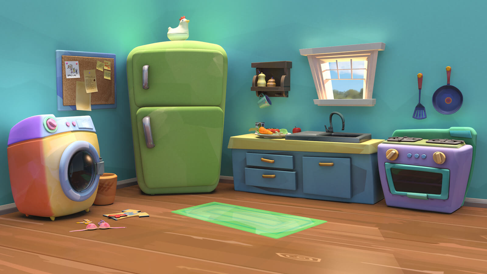 A colorful, stylized CG kitchen scene, with an oven, sink, fridge, and washing machine against a teal-colored wall.