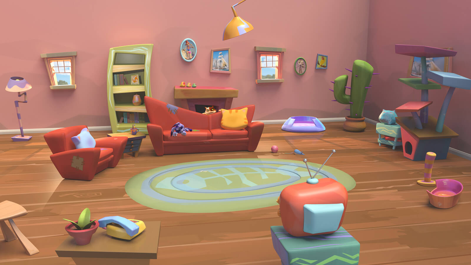 A colorful, stylized CG living room scene, with couches, shelves, a rug, television set, and cat furniture