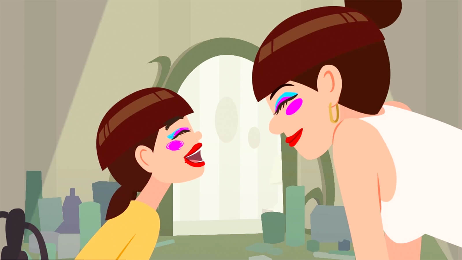 A young girl and her mother smile at each other, each with similar bright pink, aqua, and red makeup applied to their faces.