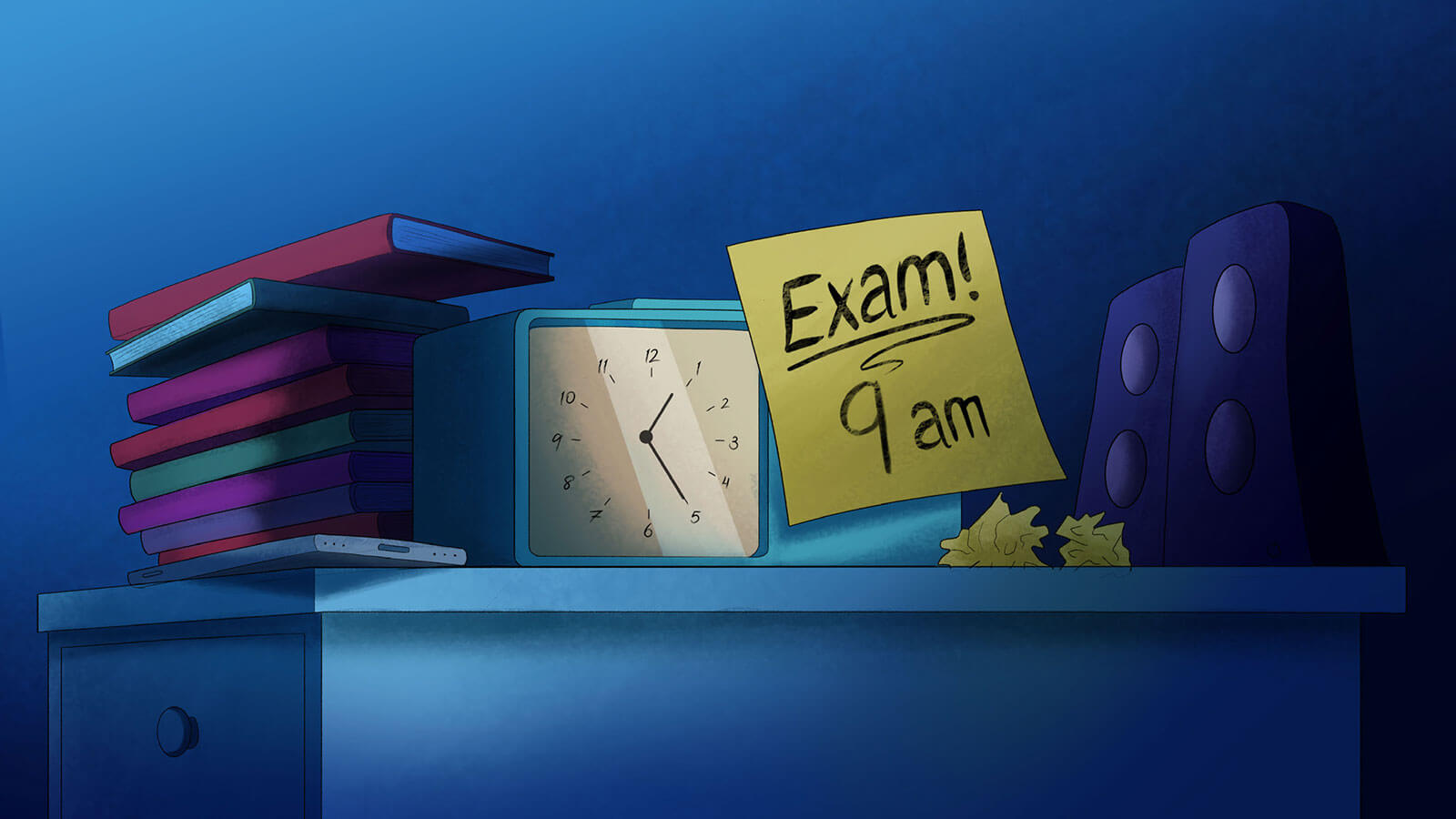 A yellow reminder sticky that reads 'Exam 9am' is posted to an alarm clock