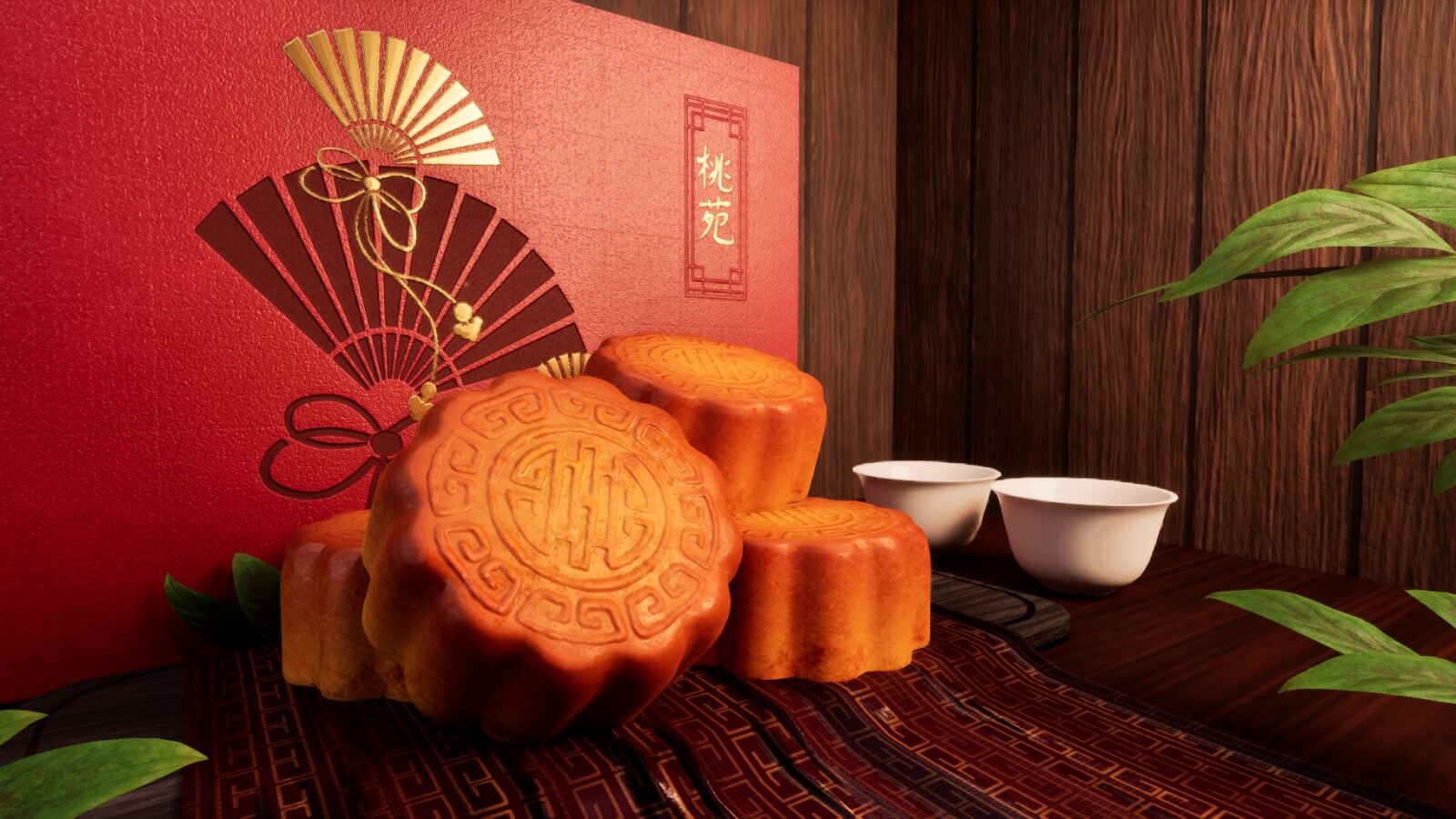 A ground-level close up of moon cakes and cups in front of a red box.