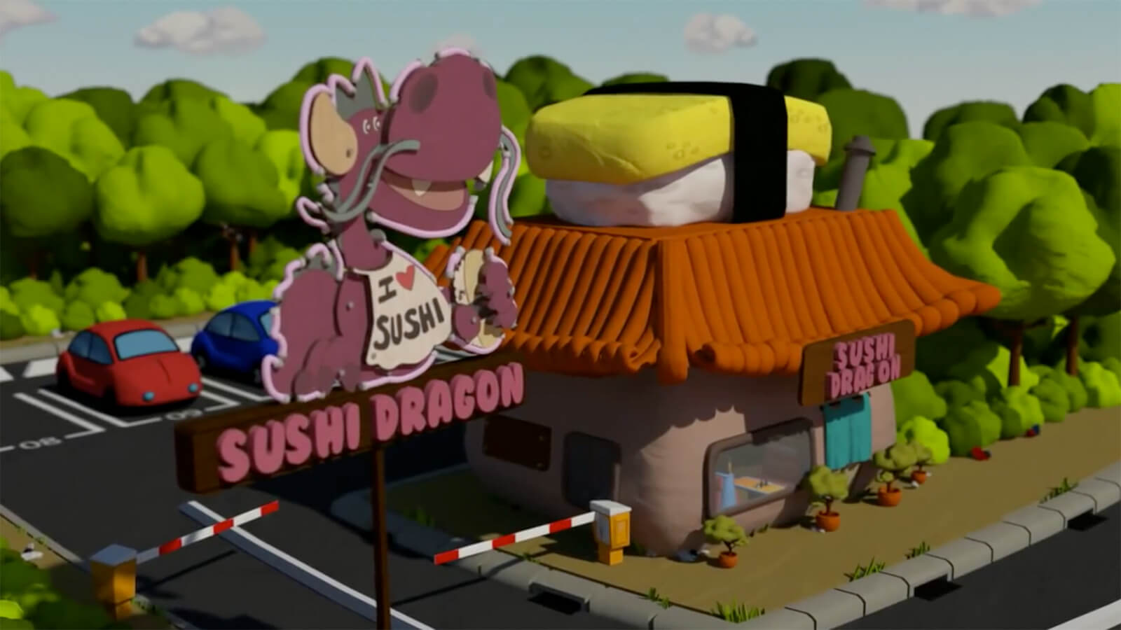 Exterior shot of a colorful, computer generated sushi restaurant with a maroon dragon sign reading "Sushi Dragon."