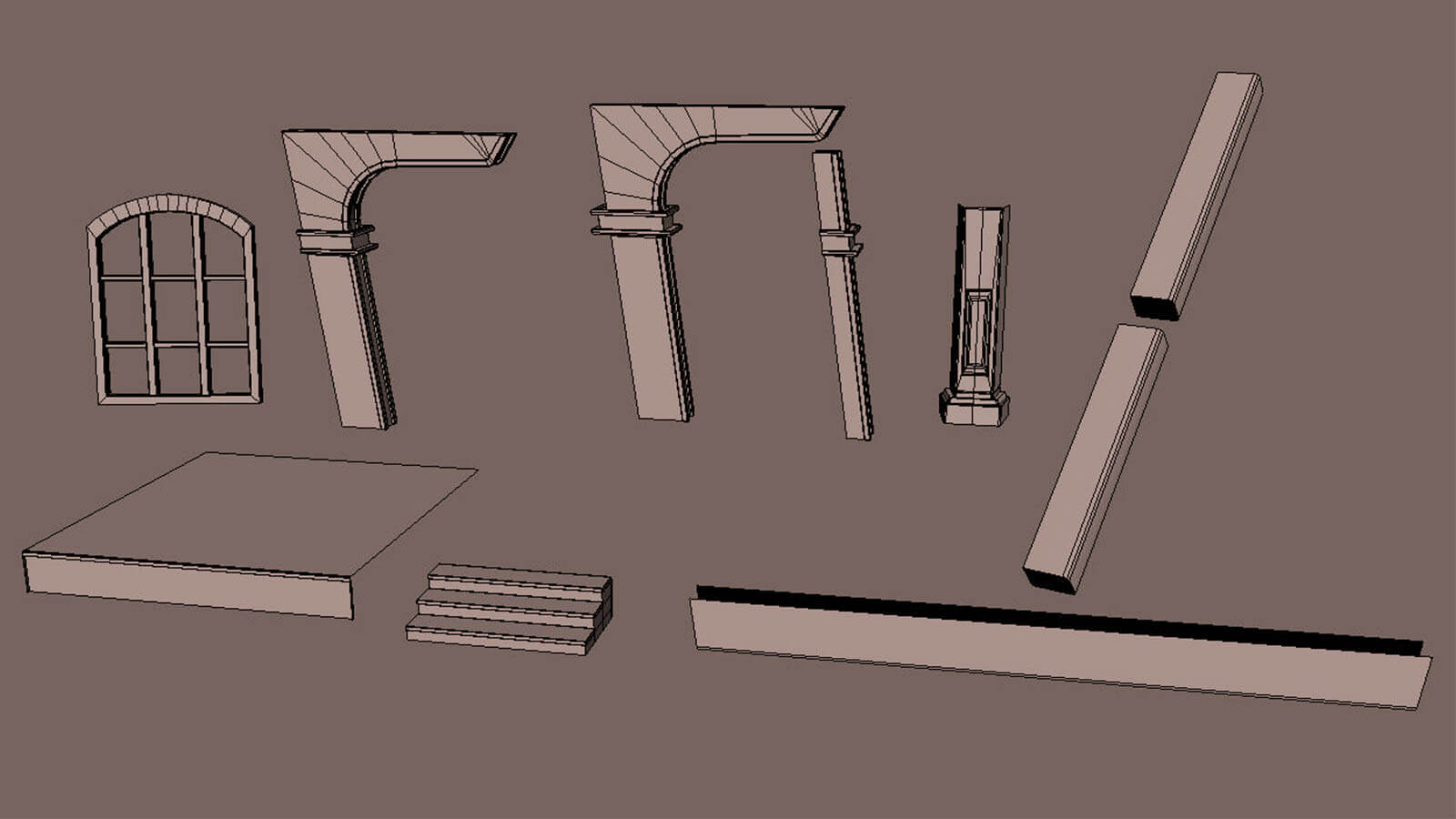 Untextured architecture 3D objects used to build the scene