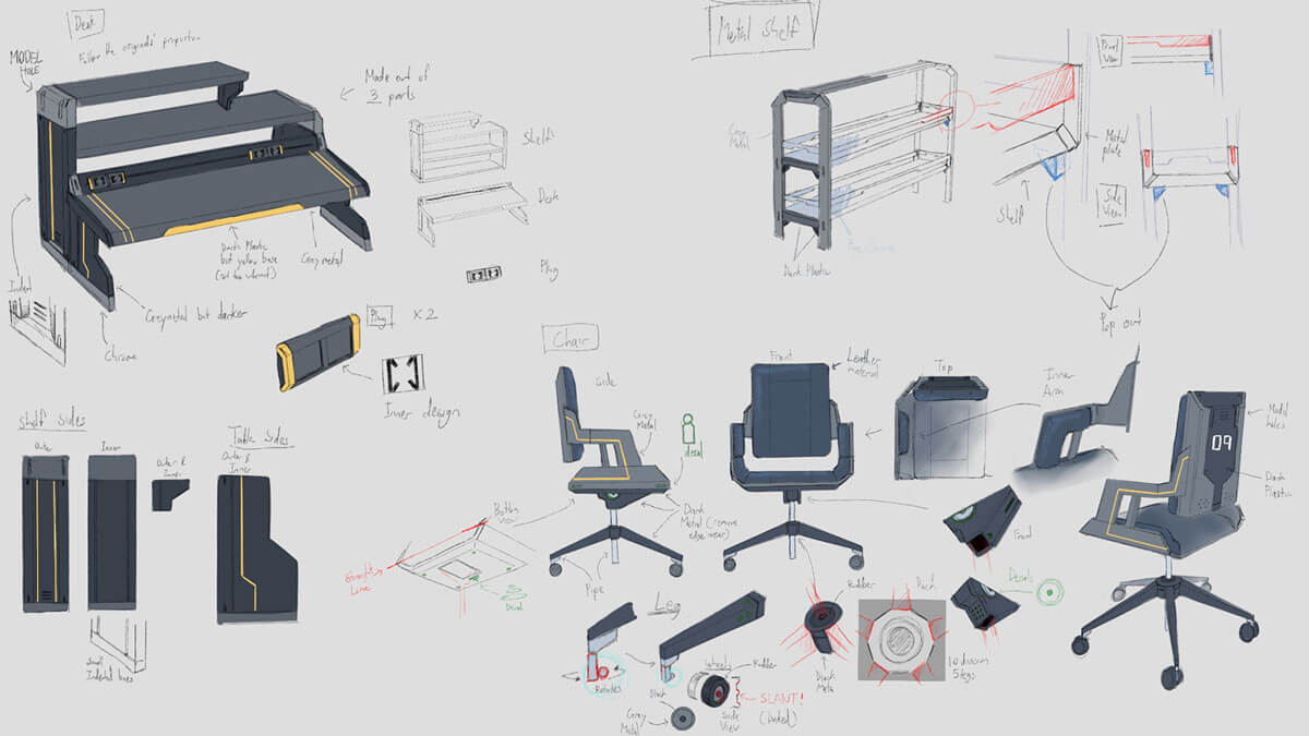 Concept sketches of futuristic laboratory furniture