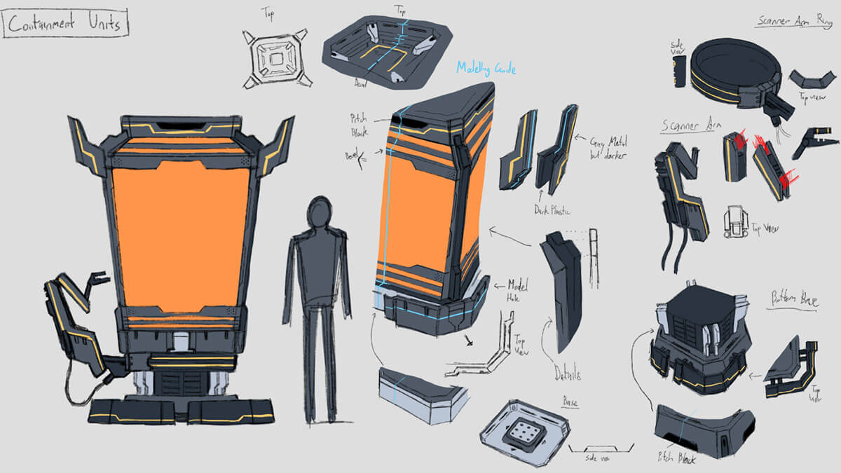 Concept sketches of futuristic laboratory containment units
